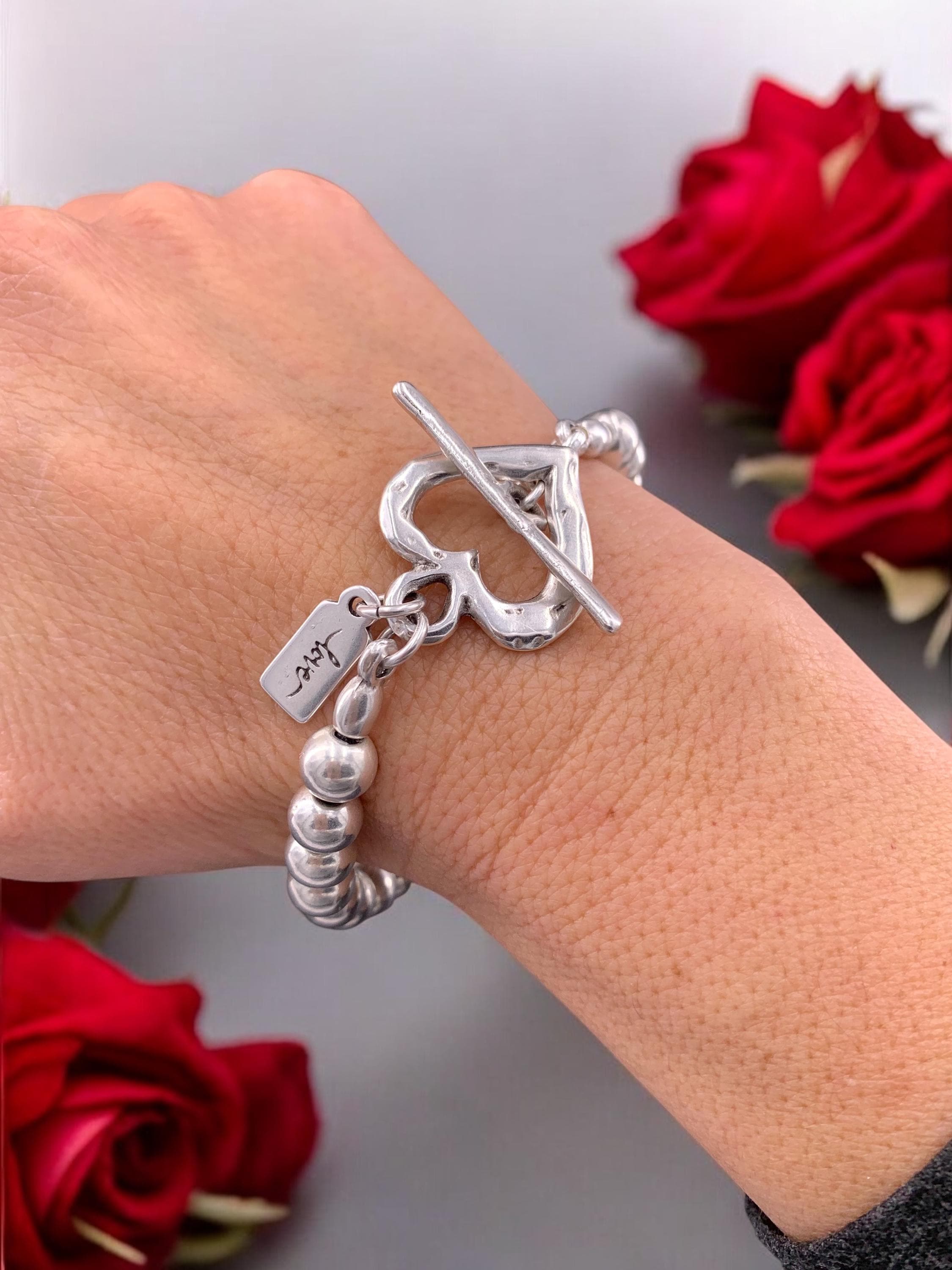 Chunky Silver Beaded Bracelet with Heart Toggle Clasp – Valentine’s Day Gift – Handmade Kukuri Jewelry