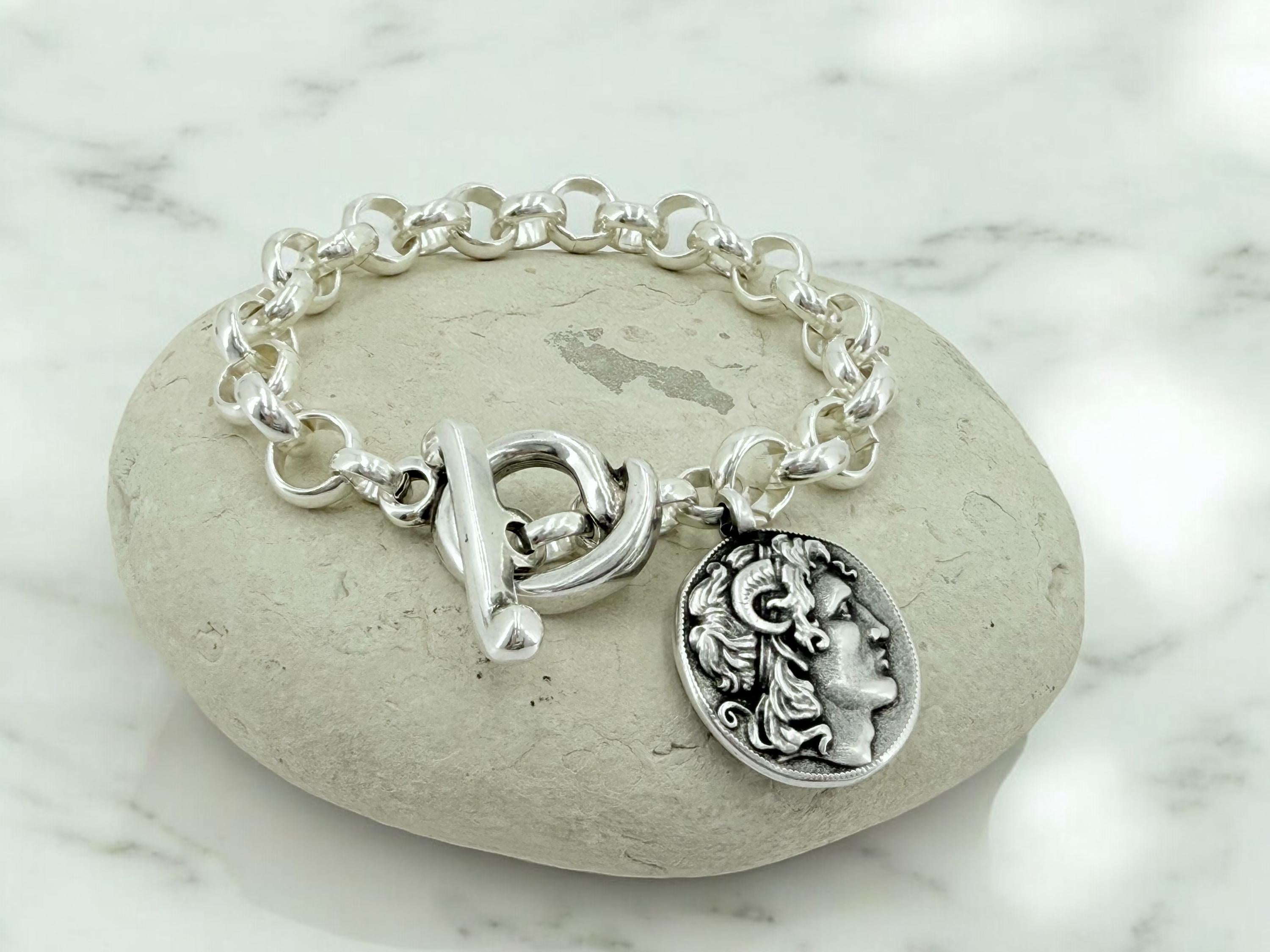 Greek coin pendant chunky chain silver bracelet, gift for women, dangle coin bracelet, toggle bracelet, Alexander the great coin bracelet,