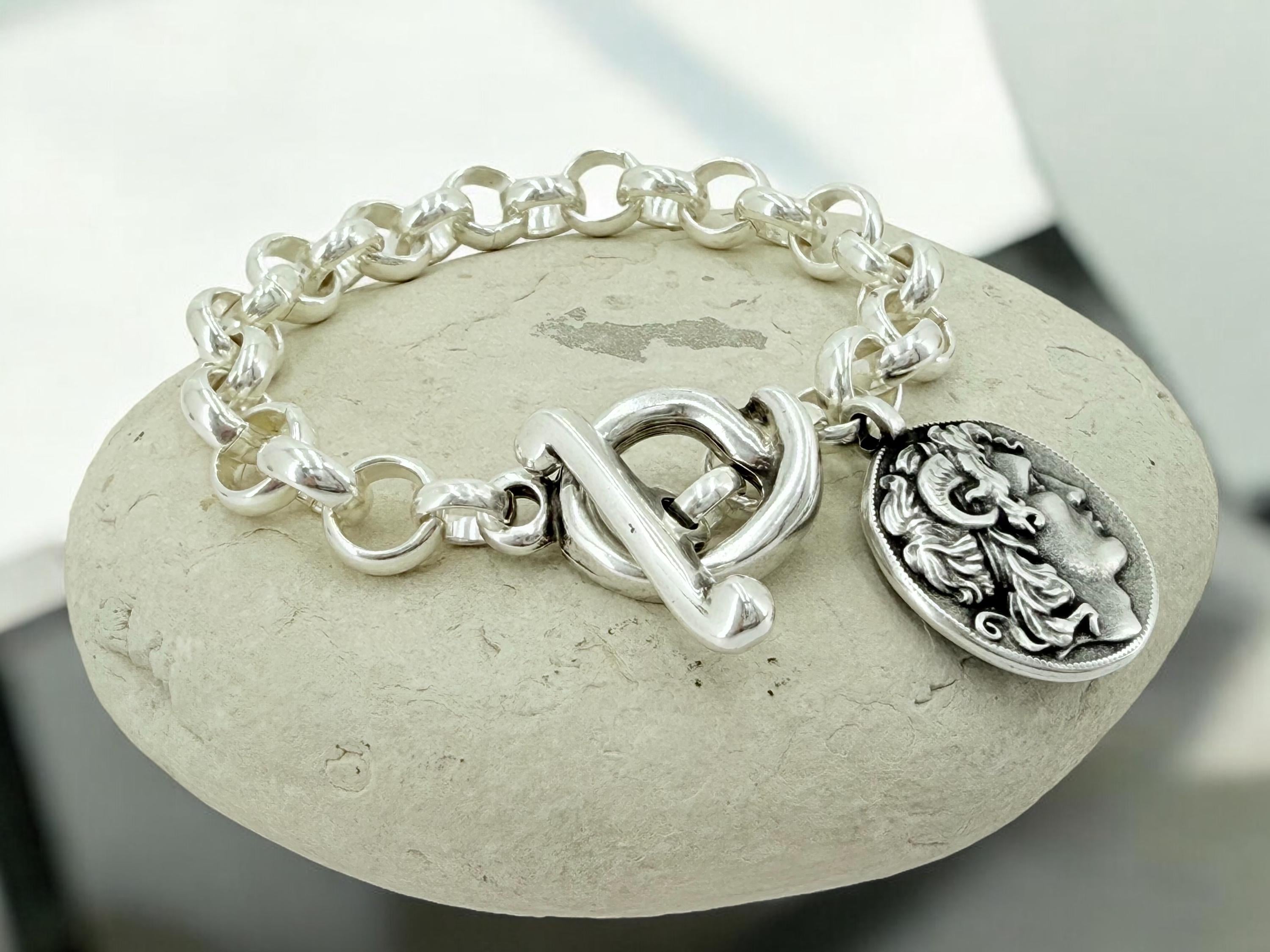 Greek coin pendant chunky chain silver bracelet, gift for women, dangle coin bracelet, toggle bracelet, Alexander the great coin bracelet,