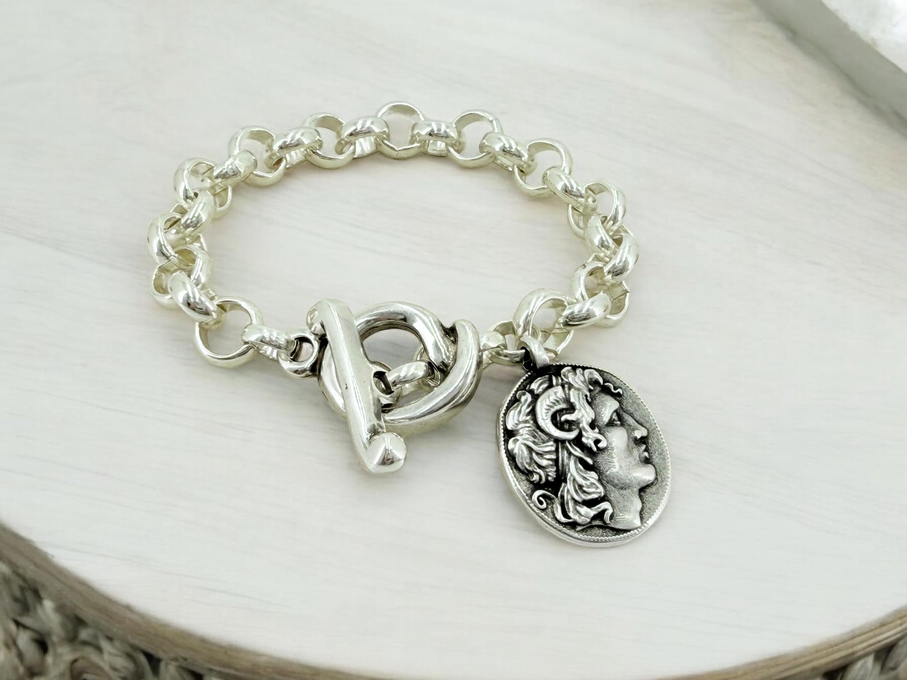 Greek coin pendant chunky chain silver bracelet, gift for women, dangle coin bracelet, toggle bracelet, Alexander the great coin bracelet,