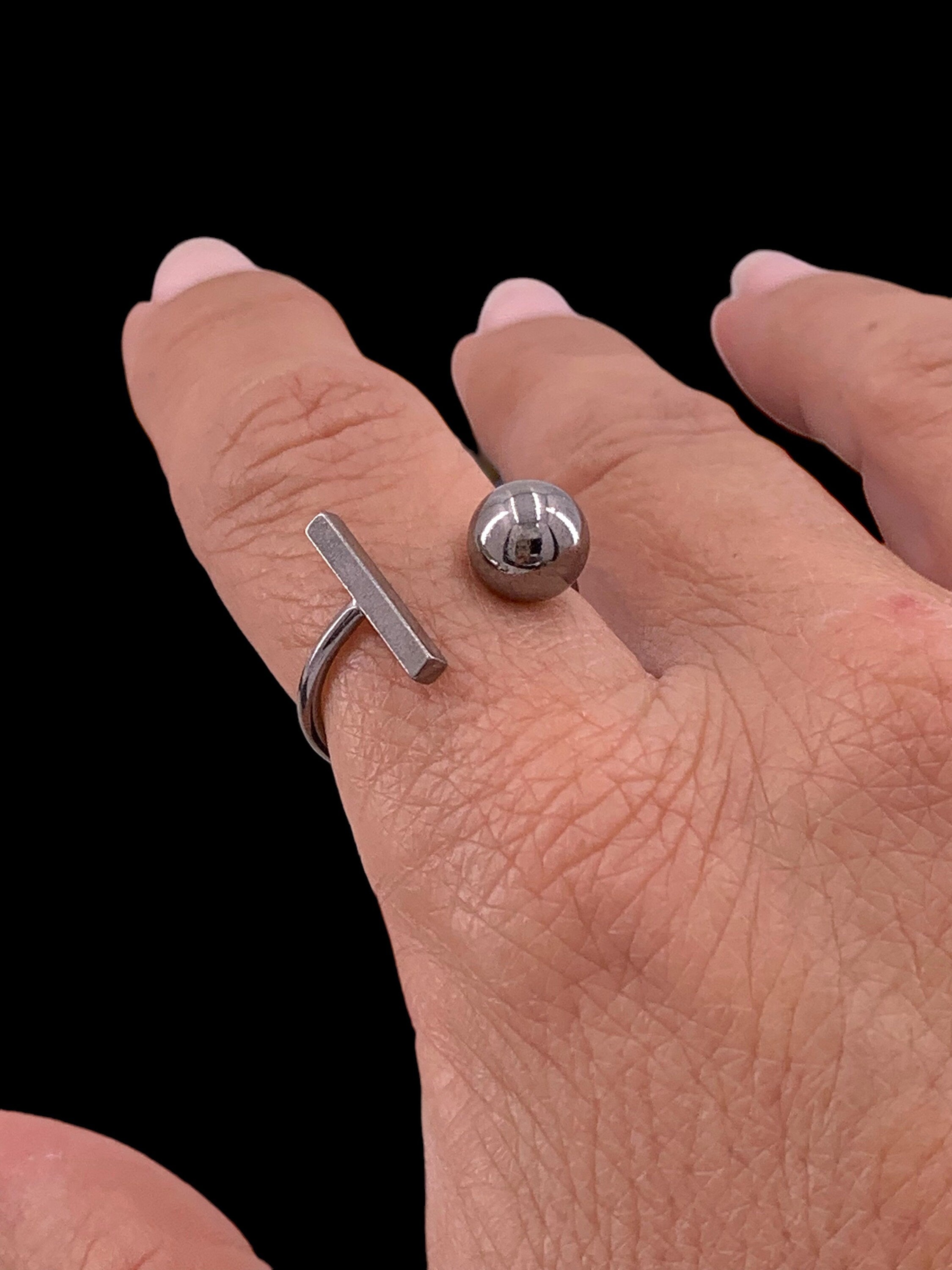 Black ring, gun metal asimetrical bar and ball ring, black jewelry, rock ring, geometric ring, original gift, punk ring