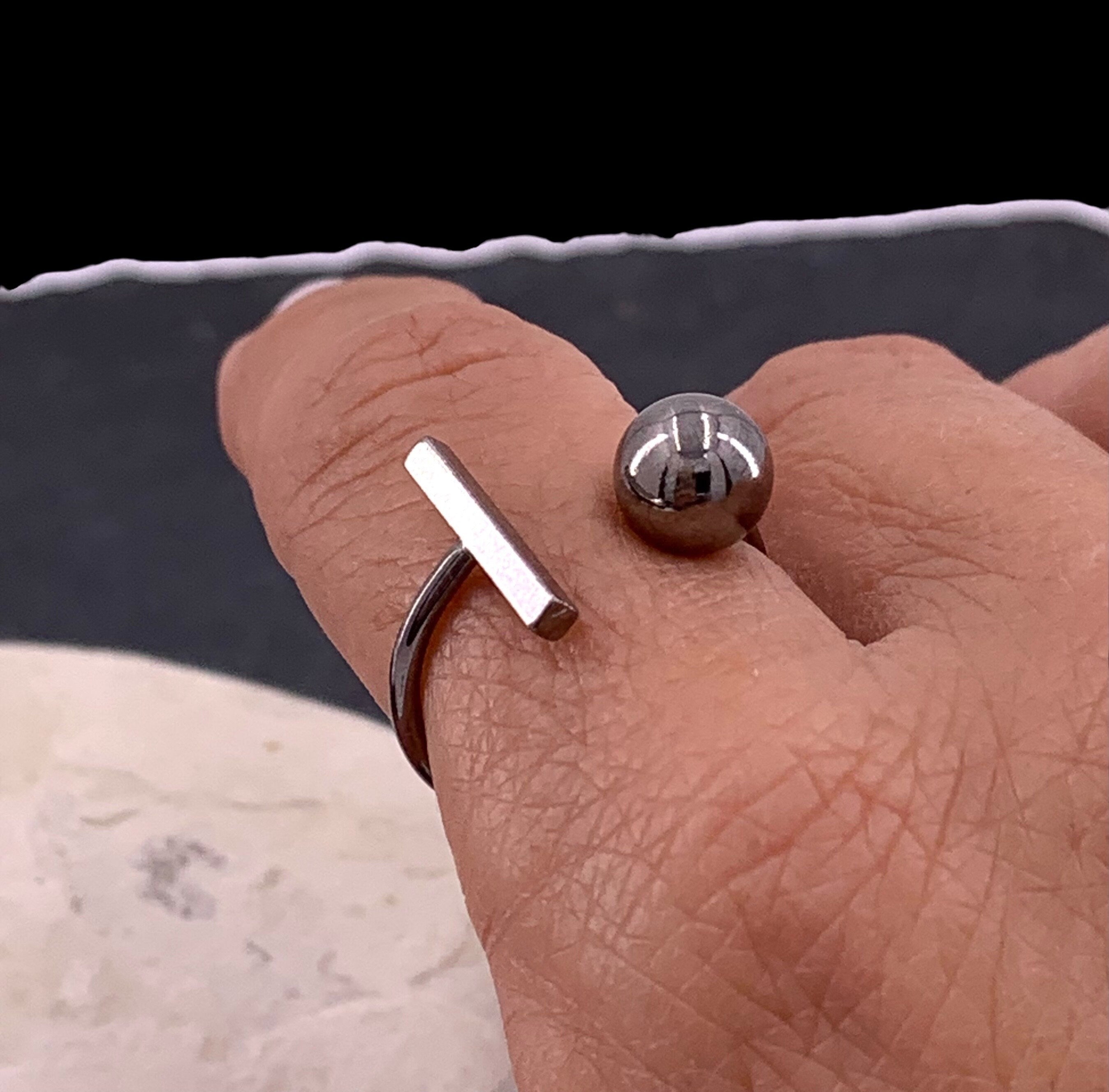 Black ring, gun metal asimetrical bar and ball ring, black jewelry, rock ring, geometric ring, original gift, punk ring