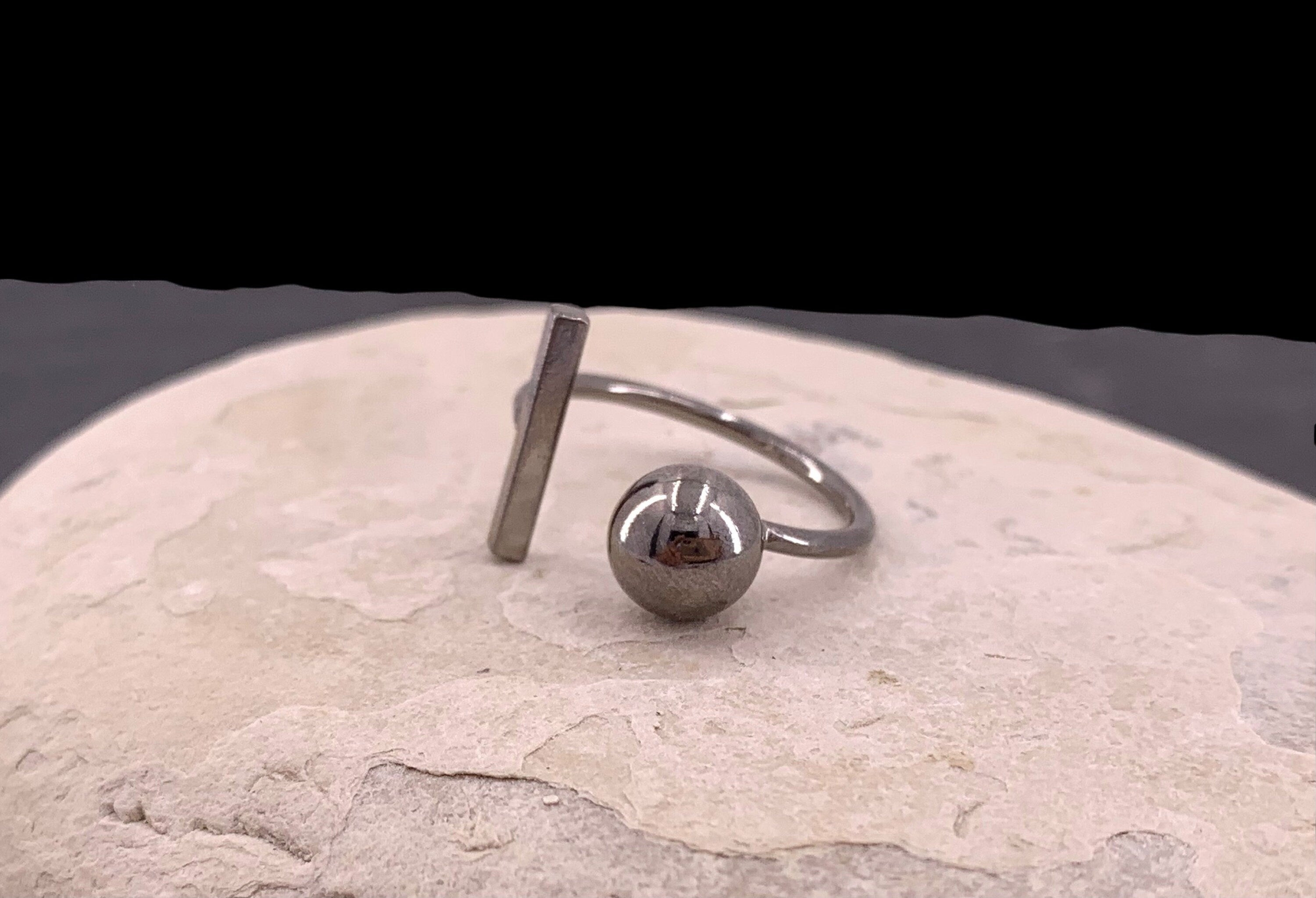 Black ring, gun metal asimetrical bar and ball ring, black jewelry, rock ring, geometric ring, original gift, punk ring