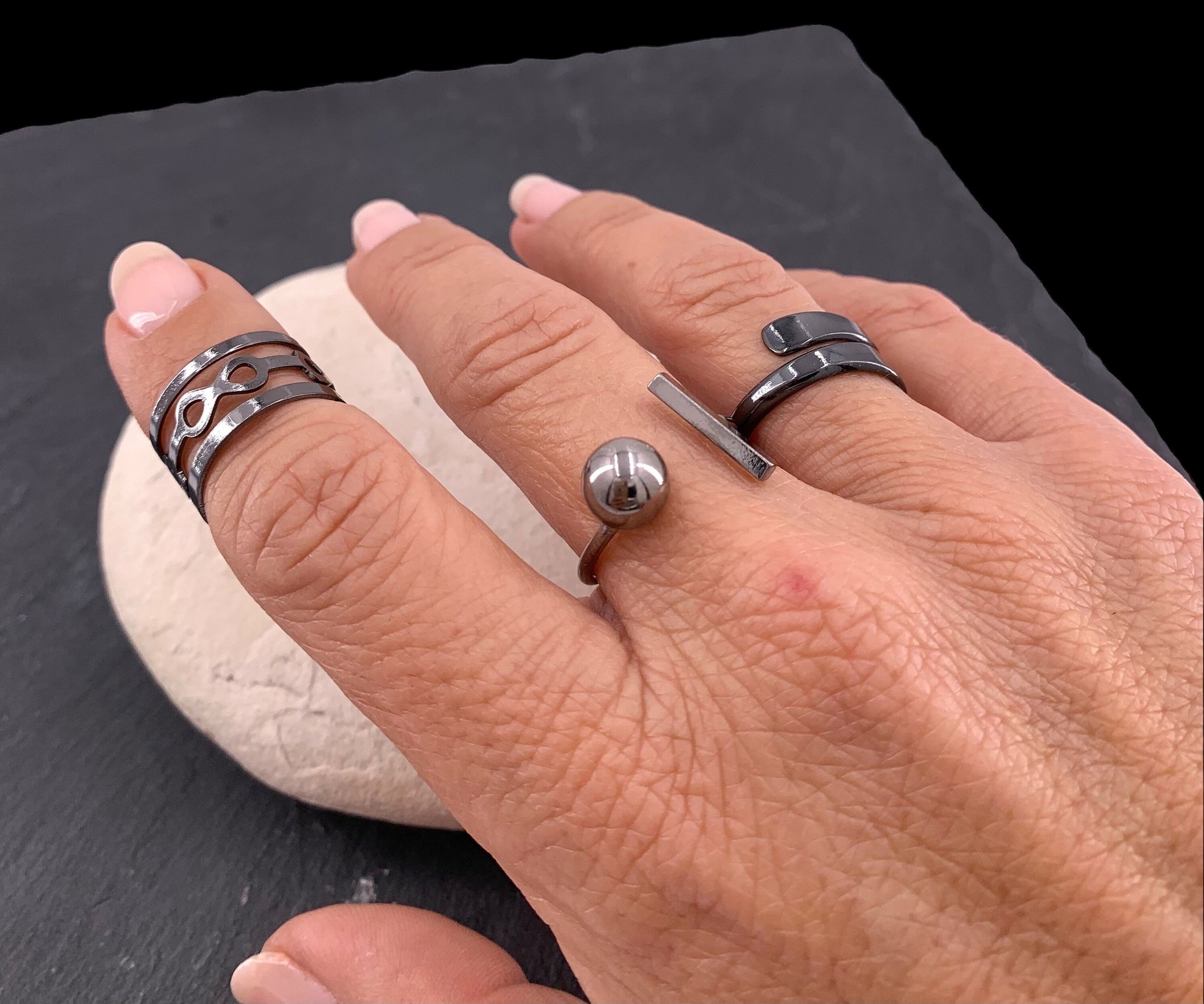 Black ring, gun metal asimetrical bar and ball ring, black jewelry, rock ring, geometric ring, original gift, punk ring