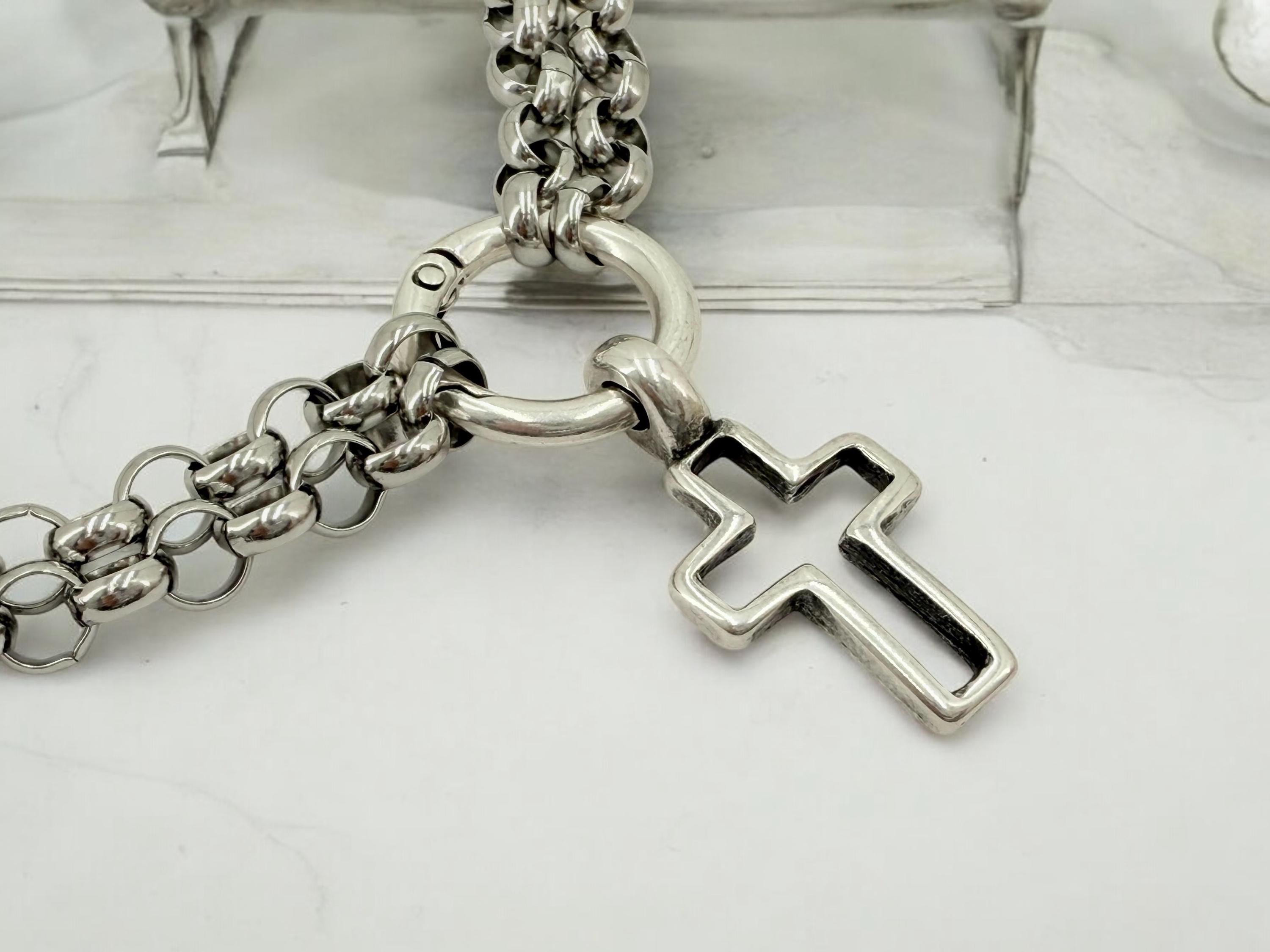 Black silver doble strand chain choker, rock style choker, cross pendant silver men choker, antique silver stainless steel unisex choker