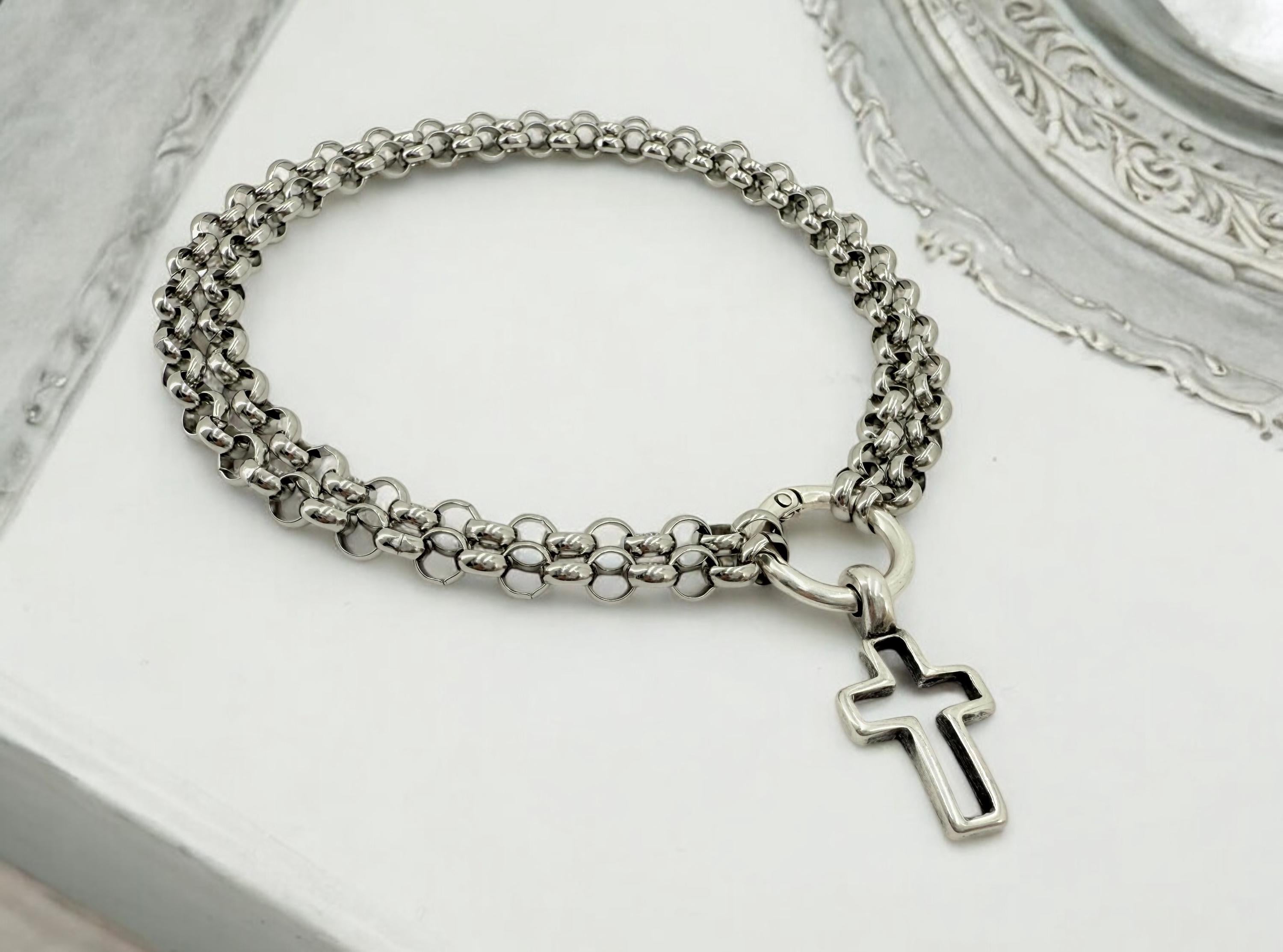 Black silver doble strand chain choker, rock style choker, cross pendant silver men choker, antique silver stainless steel unisex choker
