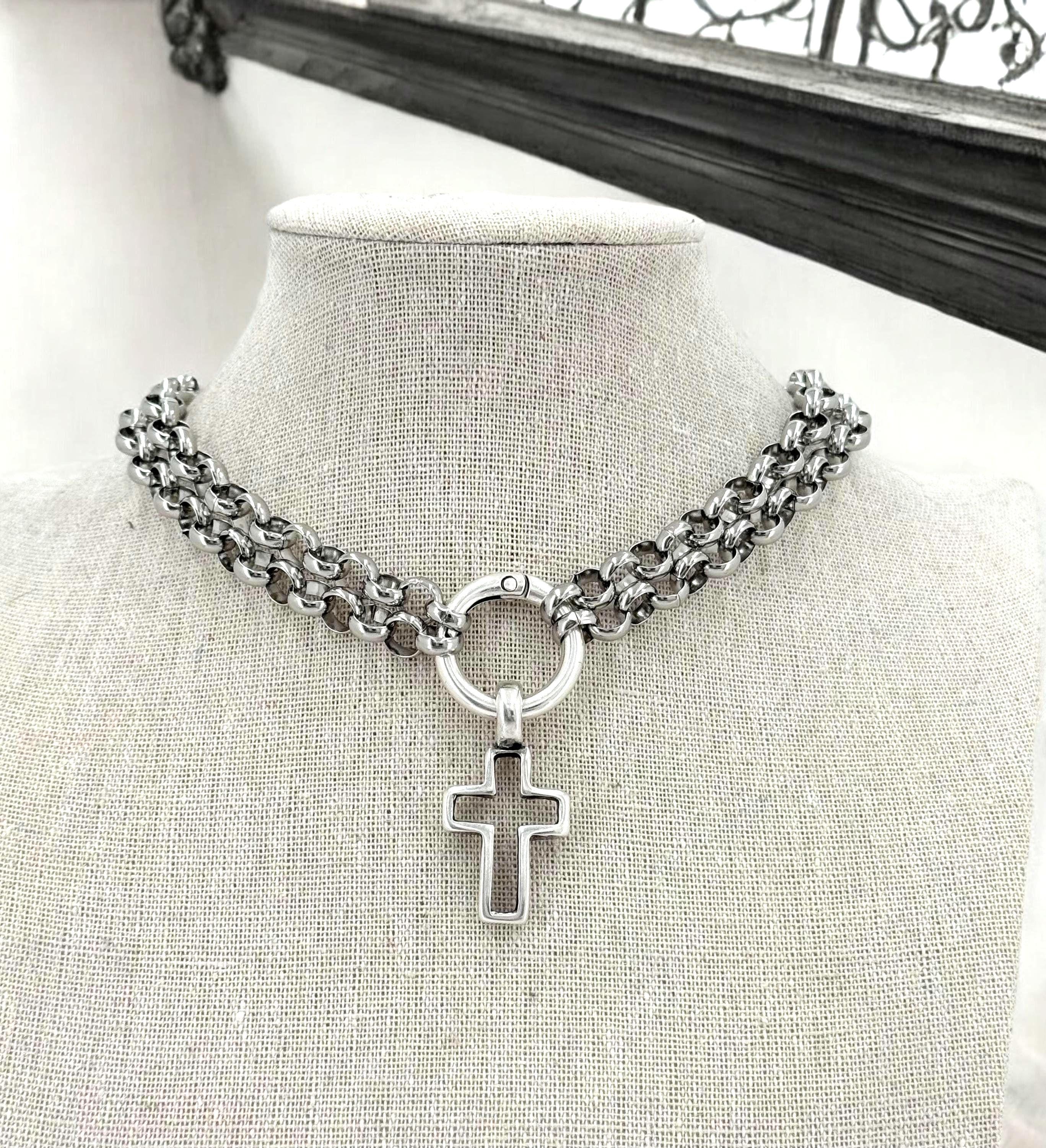 Black silver doble strand chain choker, rock style choker, cross pendant silver men choker, antique silver stainless steel unisex choker