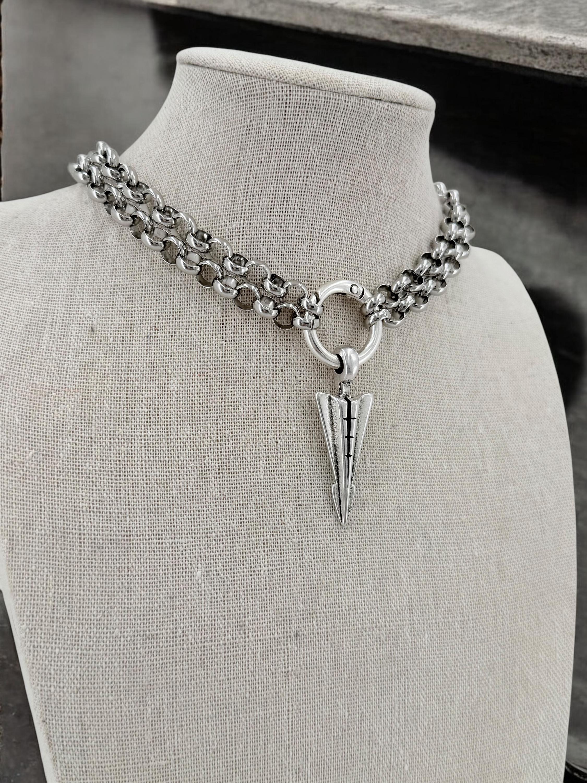 Black silver doble strand chain choker, rock style choker, arrowhead pendant silver men choker, antique silver stainless steel unisex choker