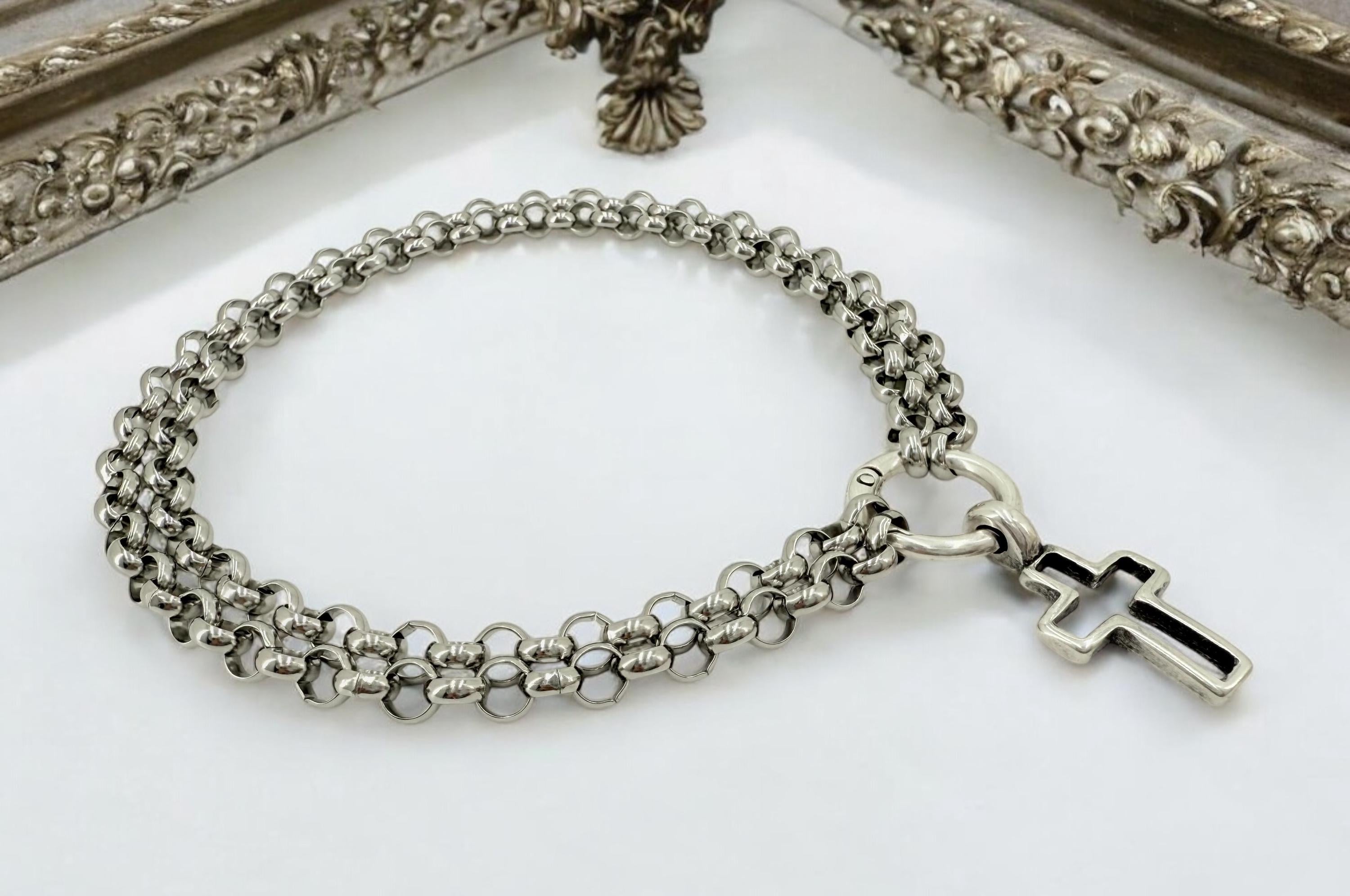 Black silver doble strand chain choker, rock style choker, cross pendant silver men choker, antique silver stainless steel unisex choker
