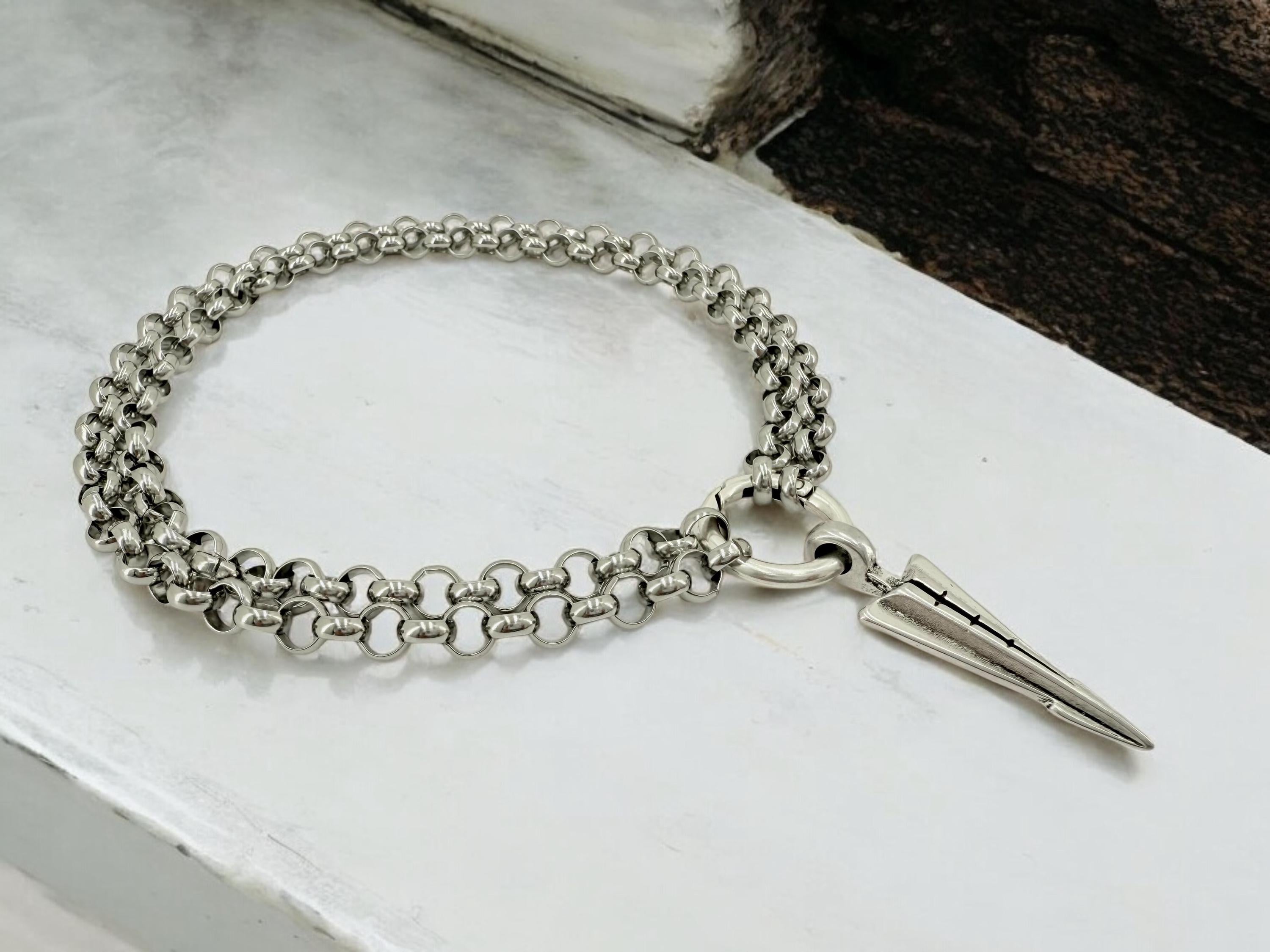 Black silver doble strand chain choker, rock style choker, arrowhead pendant silver men choker, antique silver stainless steel unisex choker
