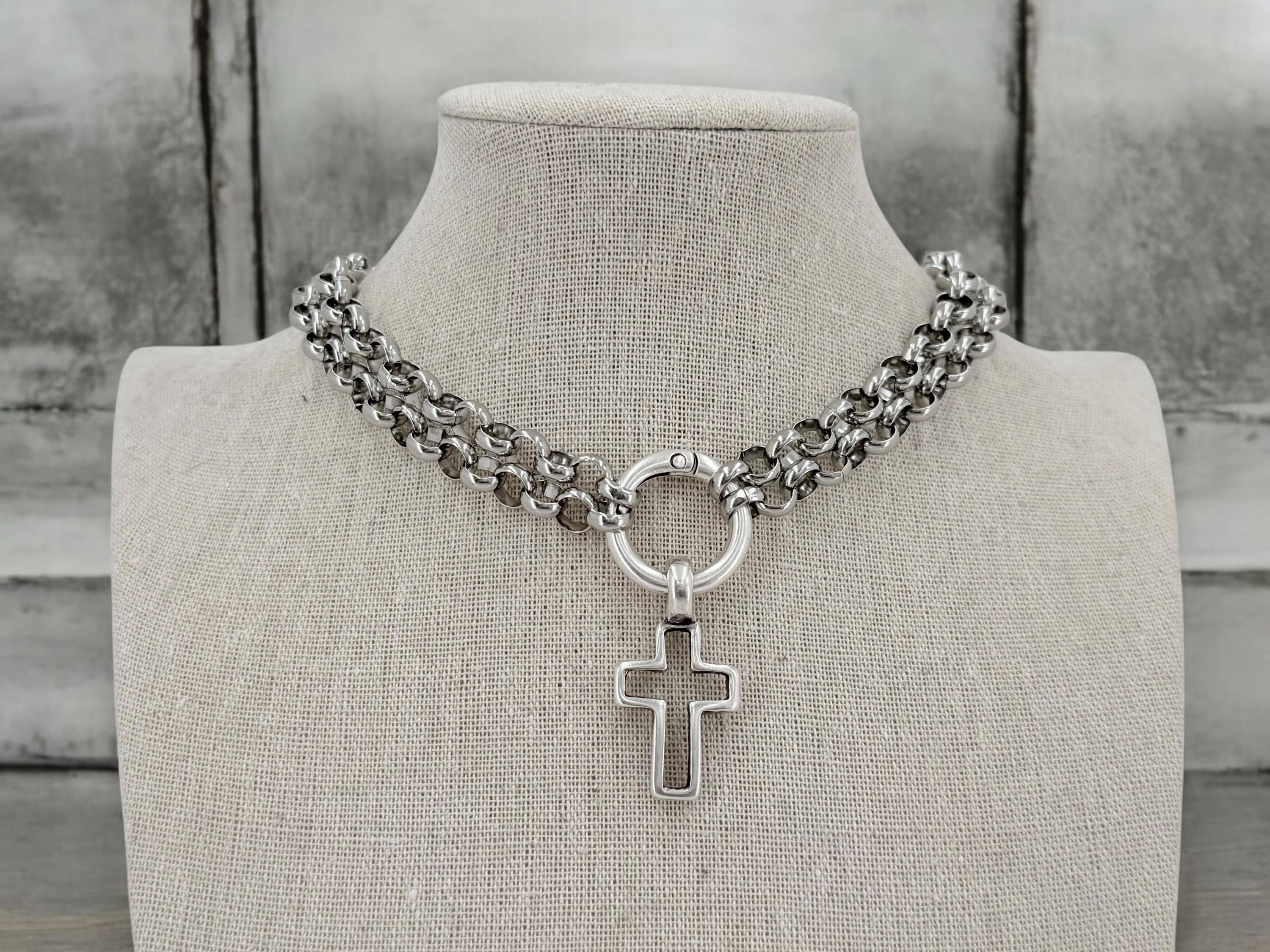 Black silver doble strand chain choker, rock style choker, cross pendant silver men choker, antique silver stainless steel unisex choker