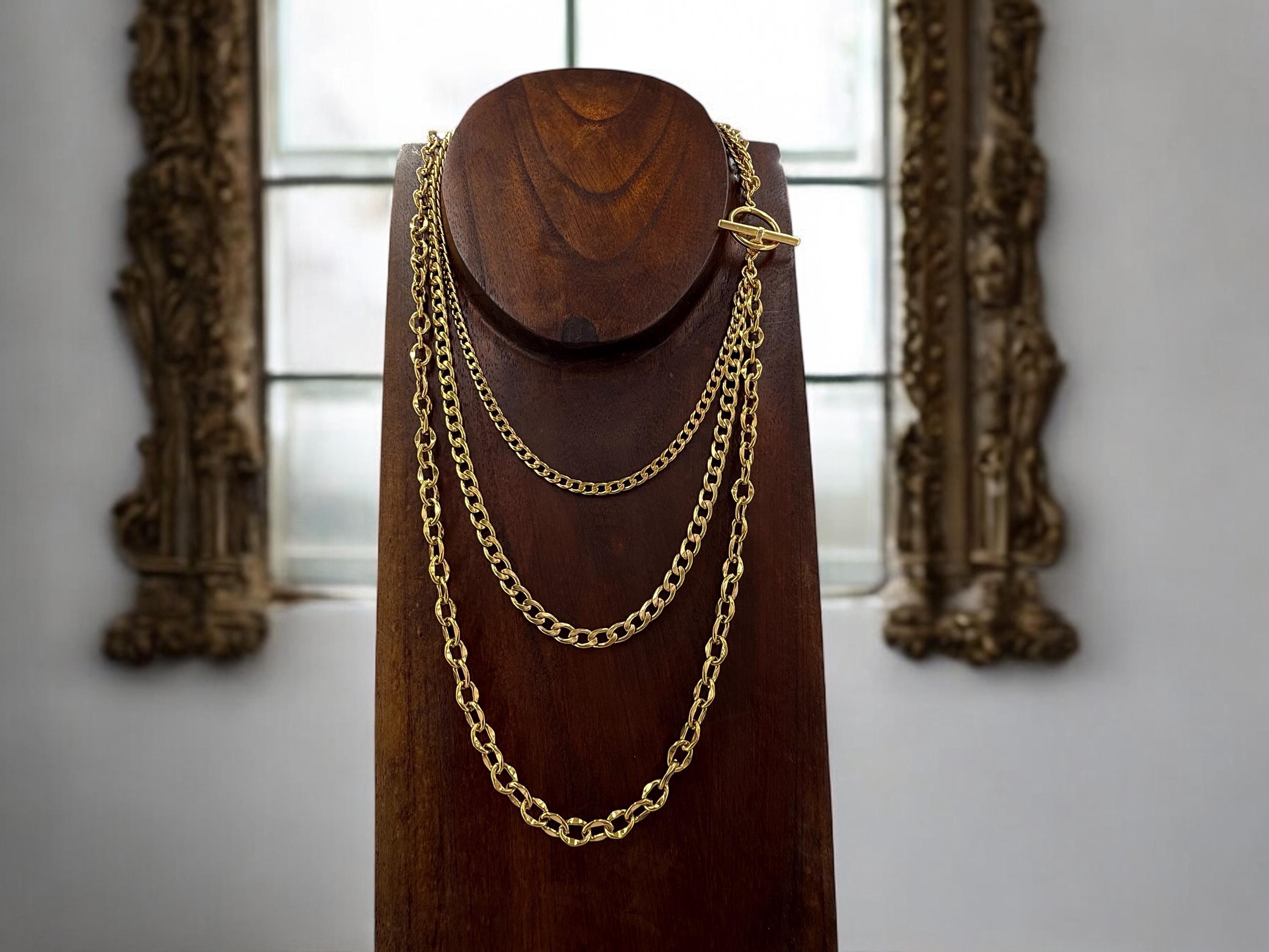 gold chunky chain layering long necklace, Layering gold chain necklace with toggle clasp, chunky necklace, multi strand gold chain necklace