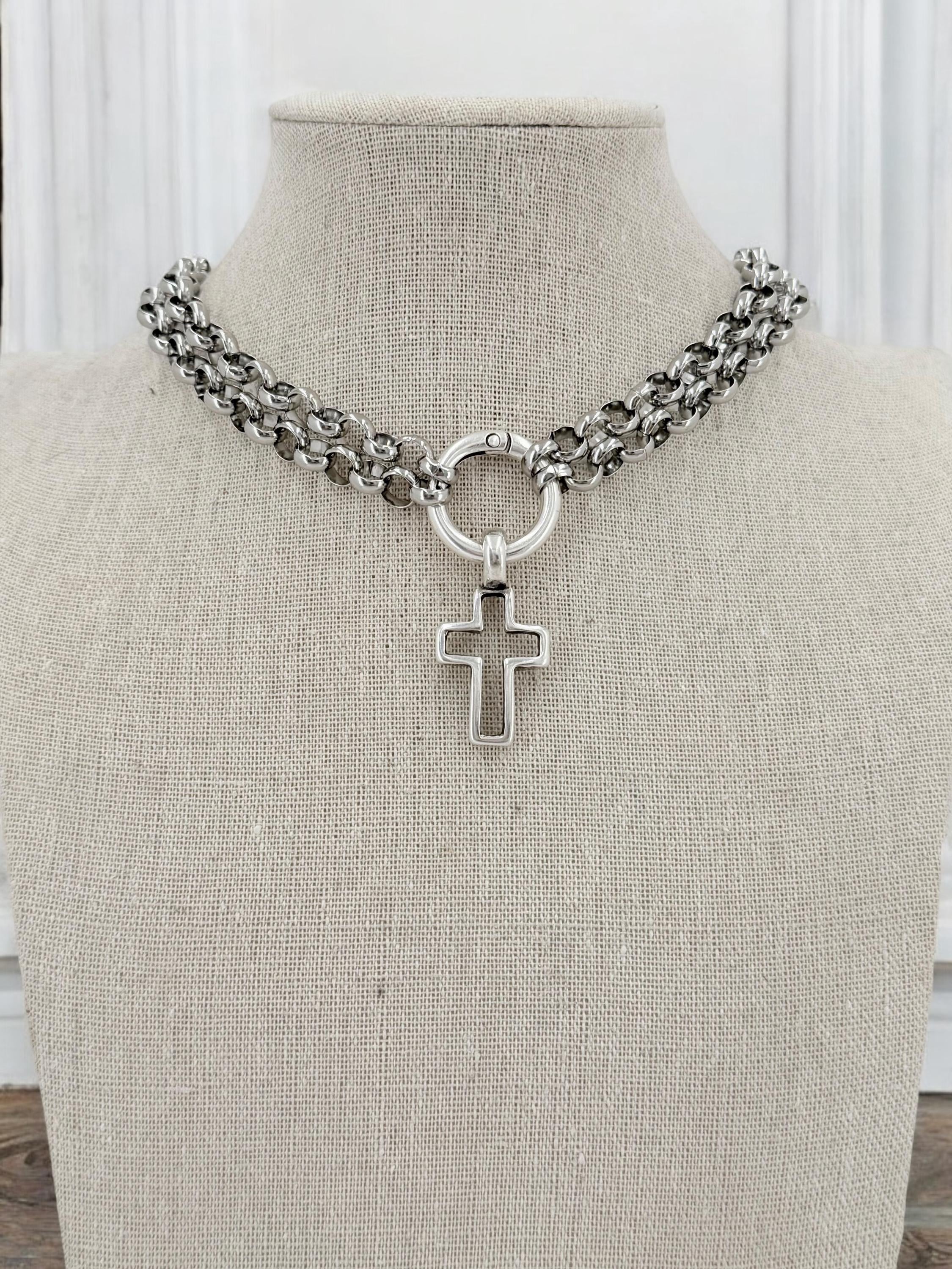 Black silver doble strand chain choker, rock style choker, cross pendant silver men choker, antique silver stainless steel unisex choker