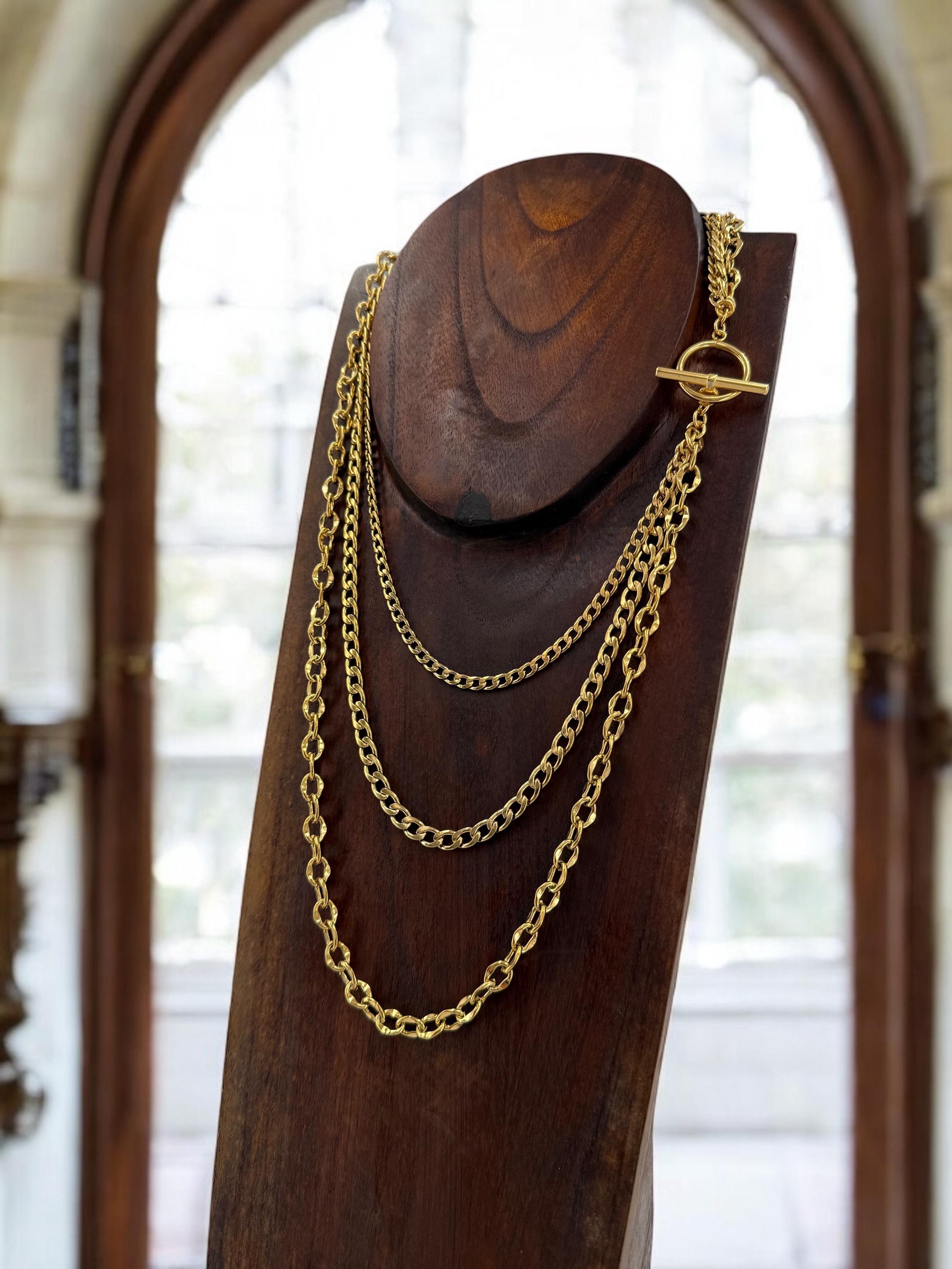 gold chunky chain layering long necklace, Layering gold chain necklace with toggle clasp, chunky necklace, multi strand gold chain necklace