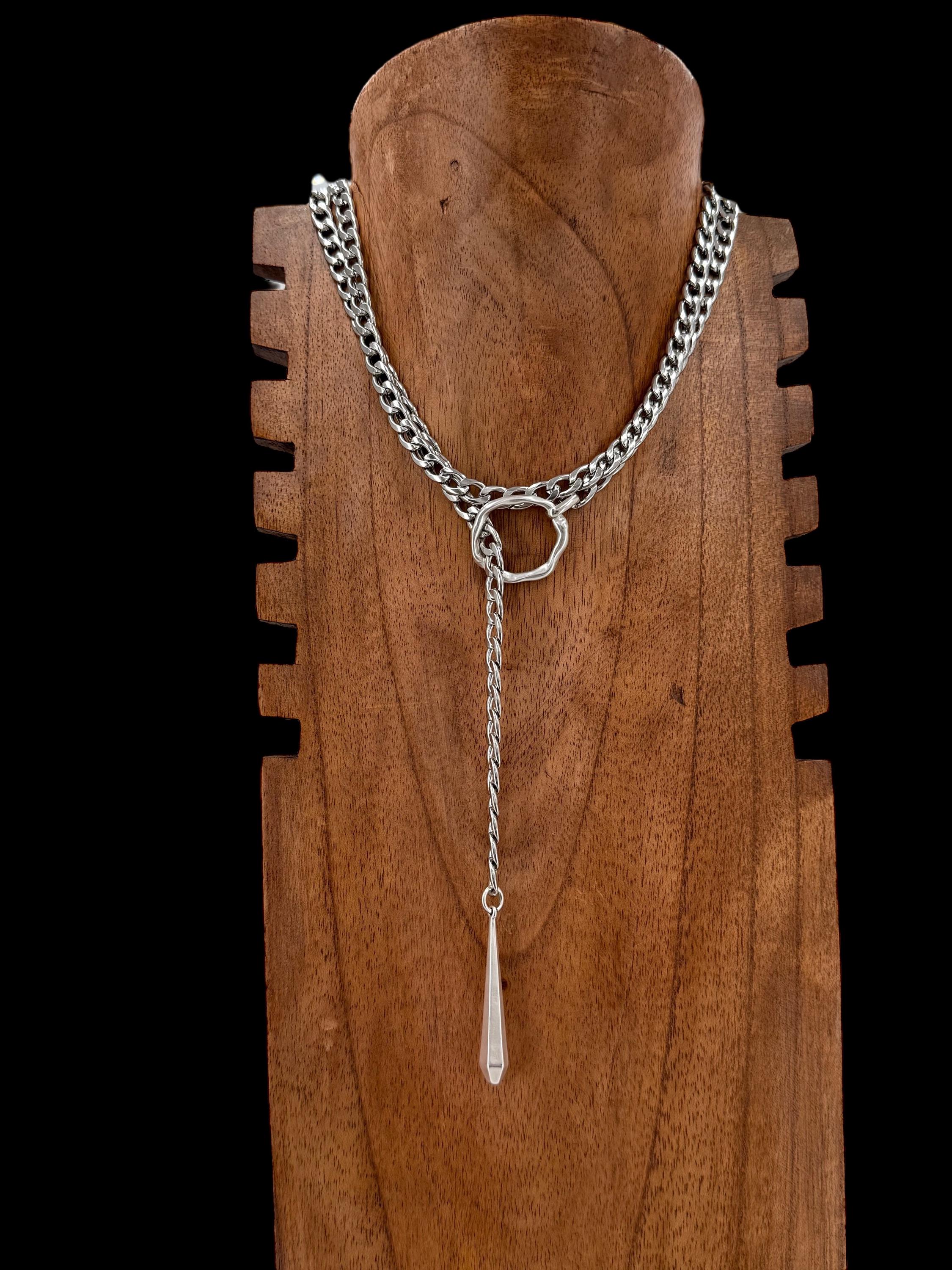 Silver antique adjustable chain wrap Y necklace, chunky chain silver lariat necklace, teardrop pendant layering necklace, uno de 50 style