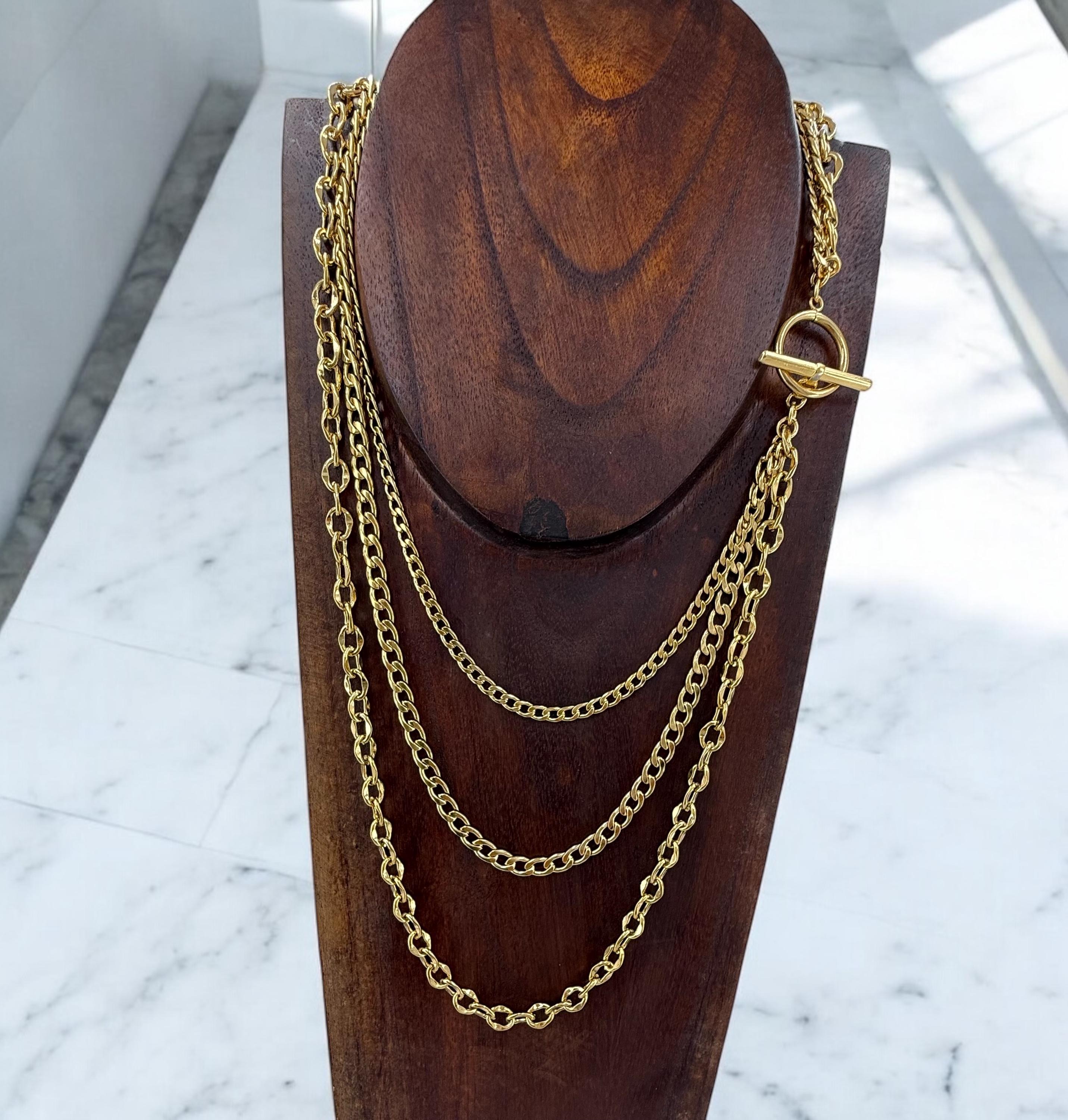 gold chunky chain layering long necklace, Layering gold chain necklace with toggle clasp, chunky necklace, multi strand gold chain necklace