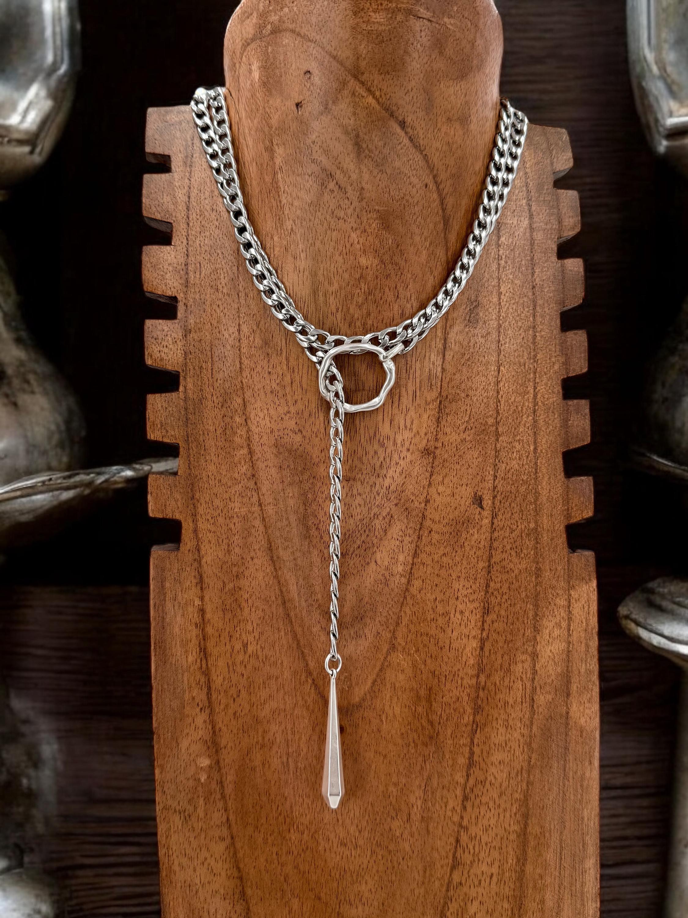 Silver antique adjustable chain wrap Y necklace, chunky chain silver lariat necklace, teardrop pendant layering necklace, uno de 50 style