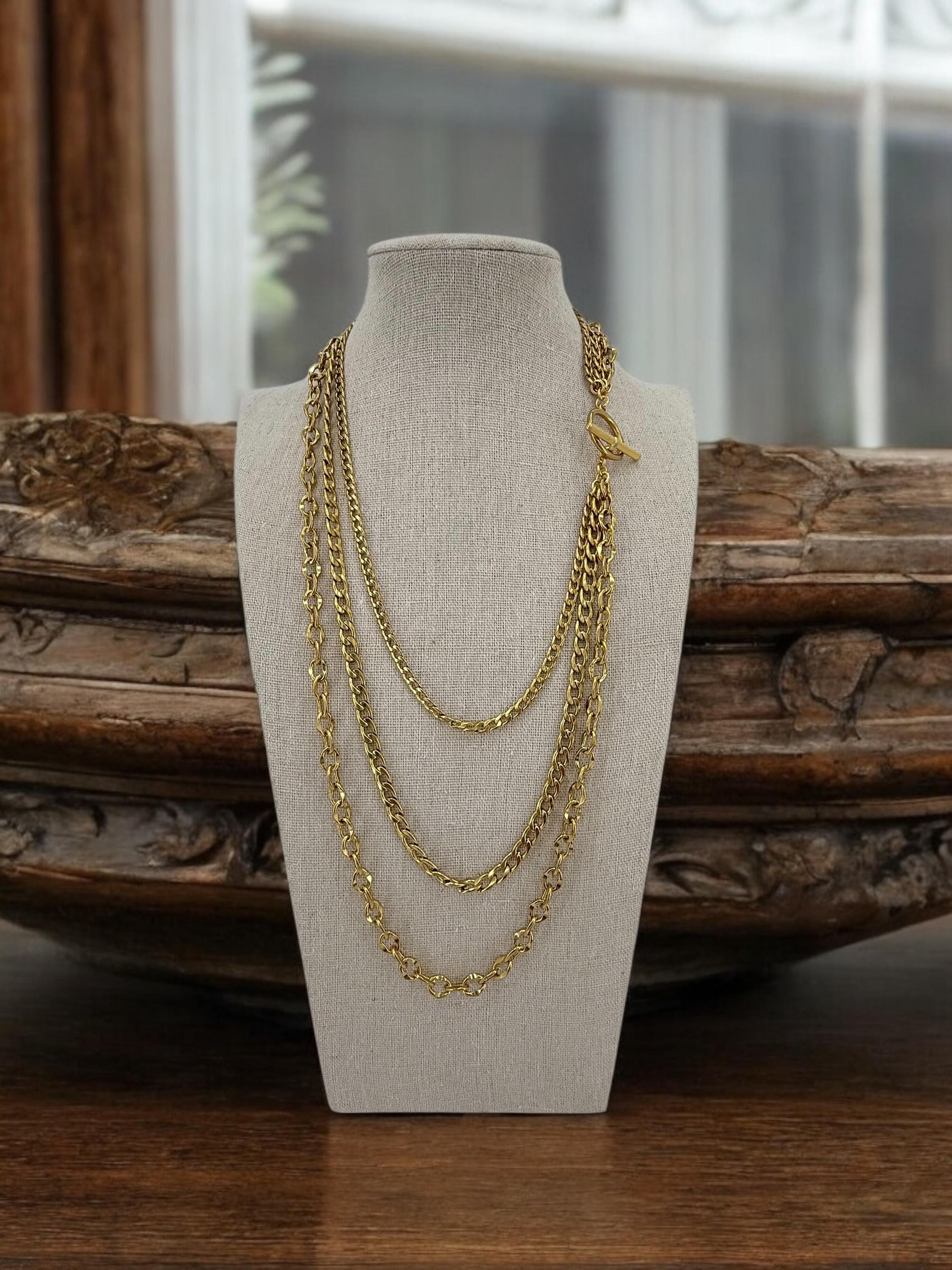 gold chunky chain layering long necklace, Layering gold chain necklace with toggle clasp, chunky necklace, multi strand gold chain necklace