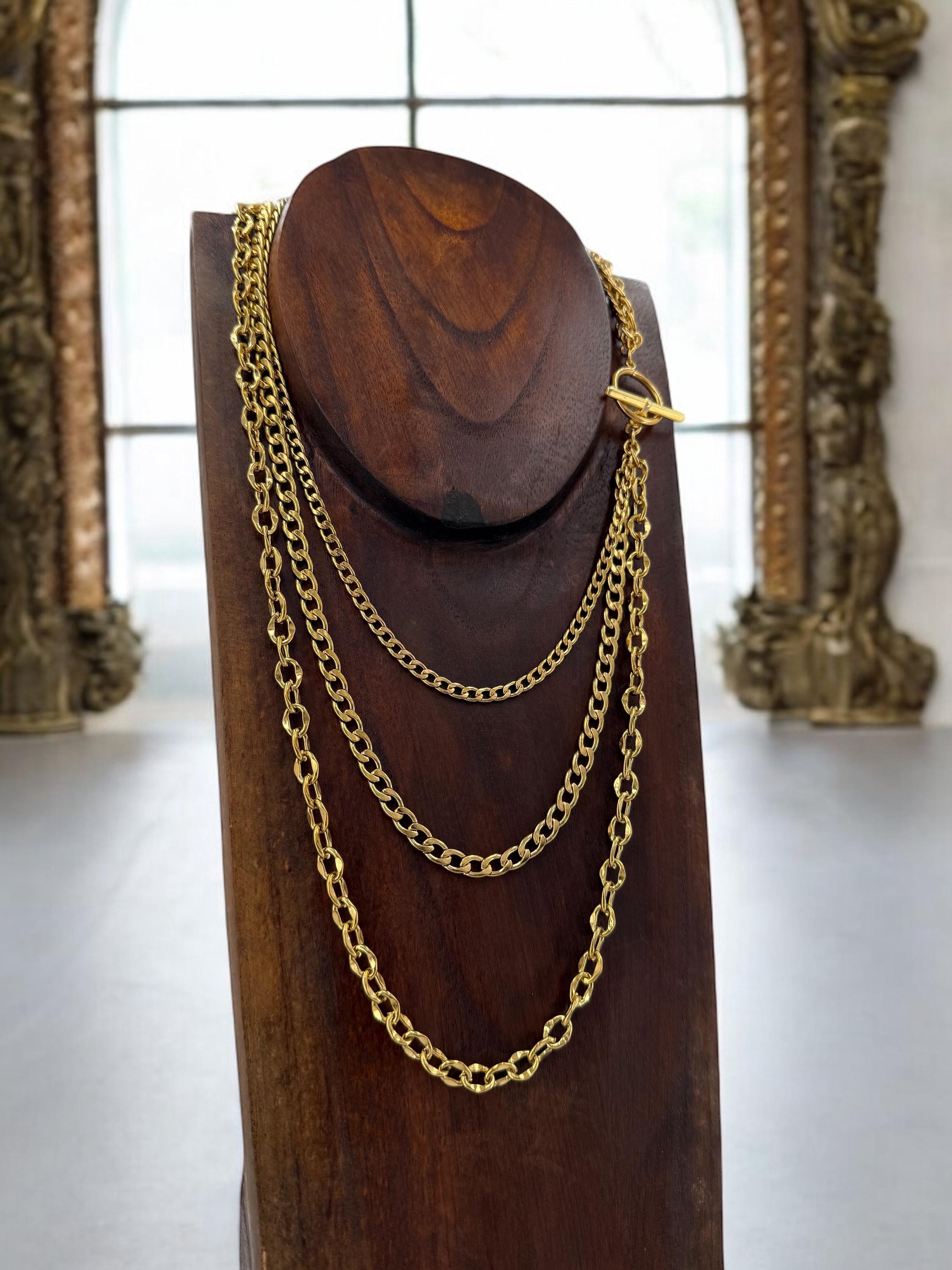 gold chunky chain layering long necklace, Layering gold chain necklace with toggle clasp, chunky necklace, multi strand gold chain necklace