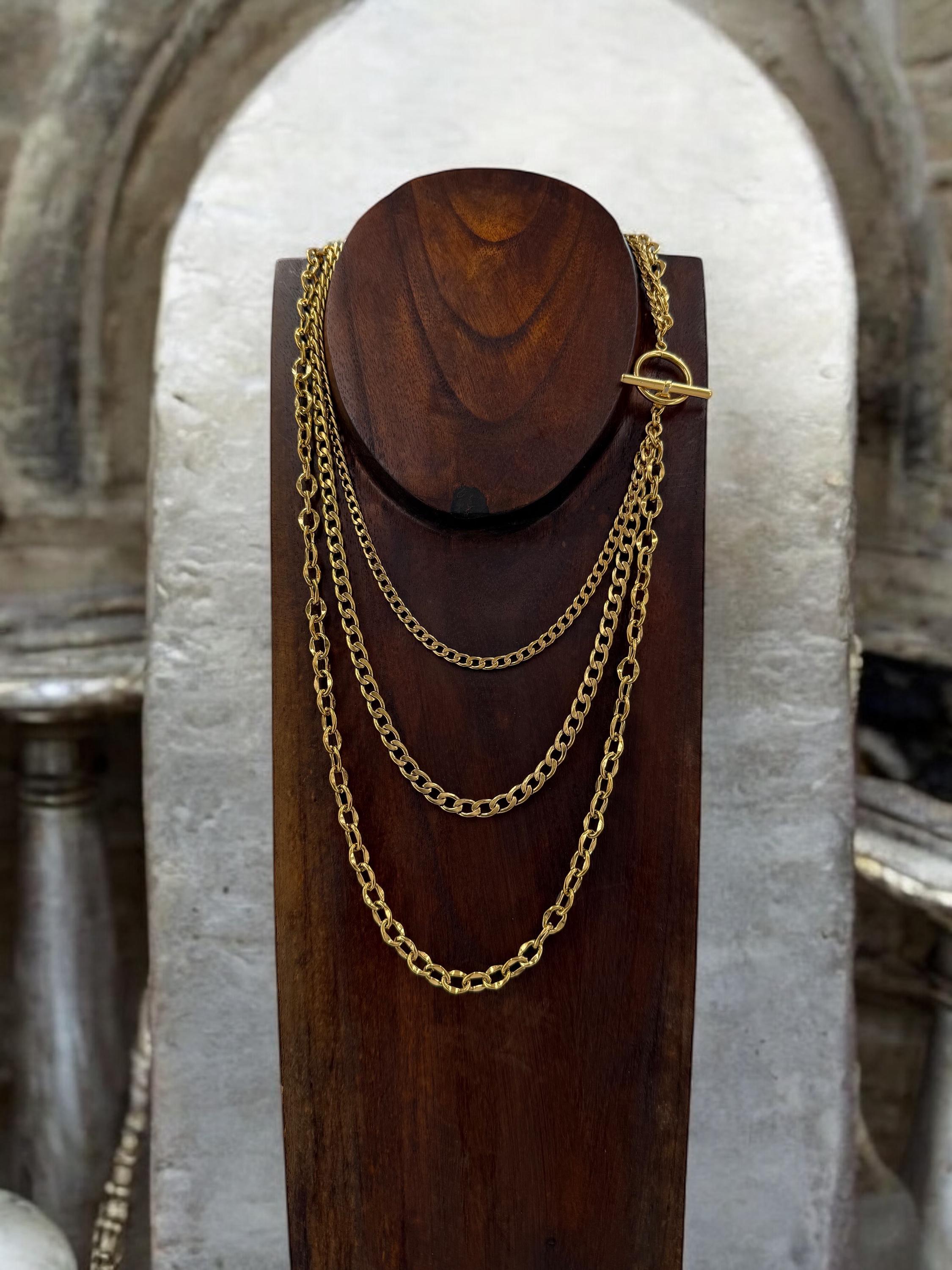 gold chunky chain layering long necklace, Layering gold chain necklace with toggle clasp, chunky necklace, multi strand gold chain necklace