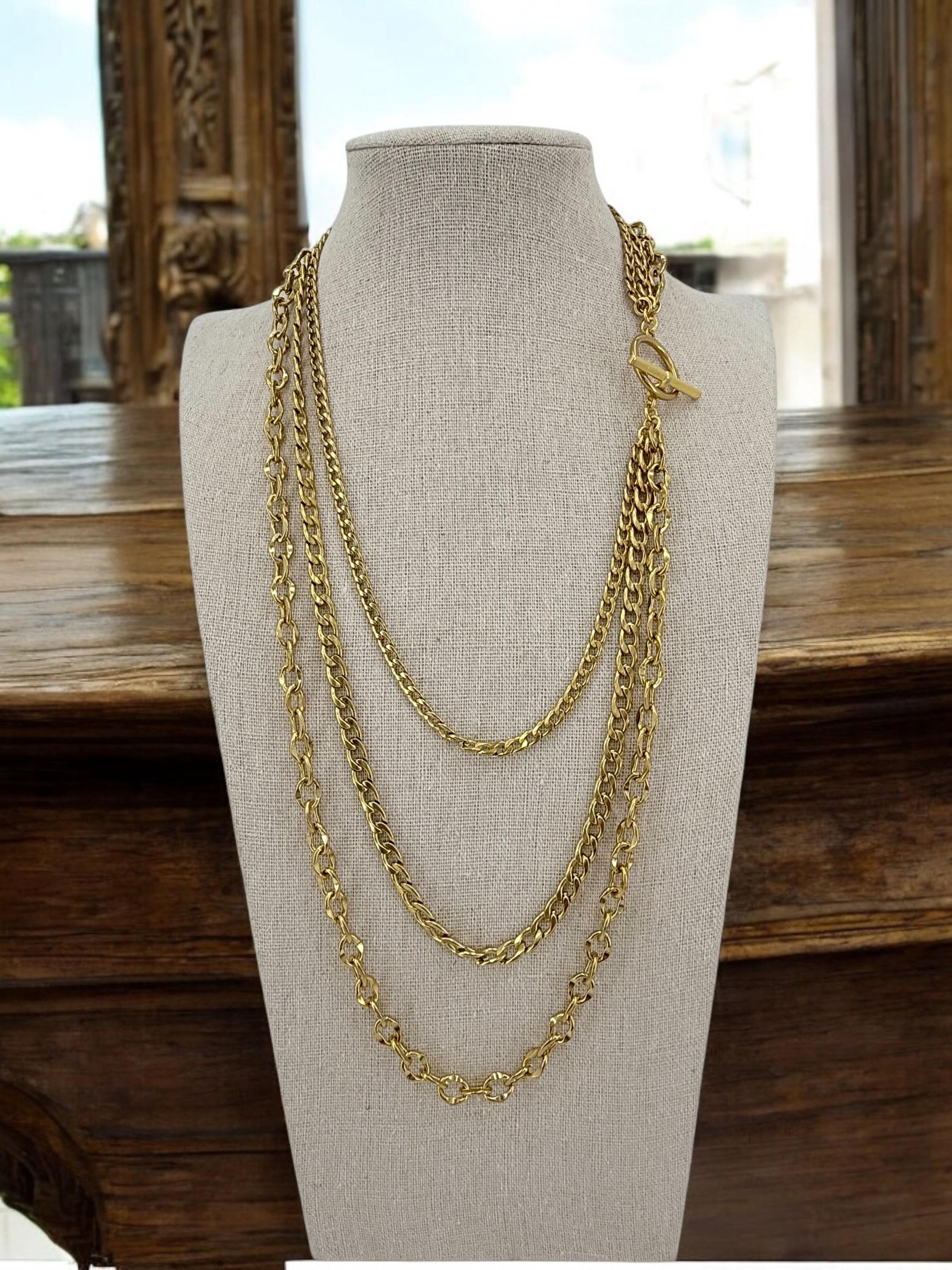 gold chunky chain layering long necklace, Layering gold chain necklace with toggle clasp, chunky necklace, multi strand gold chain necklace