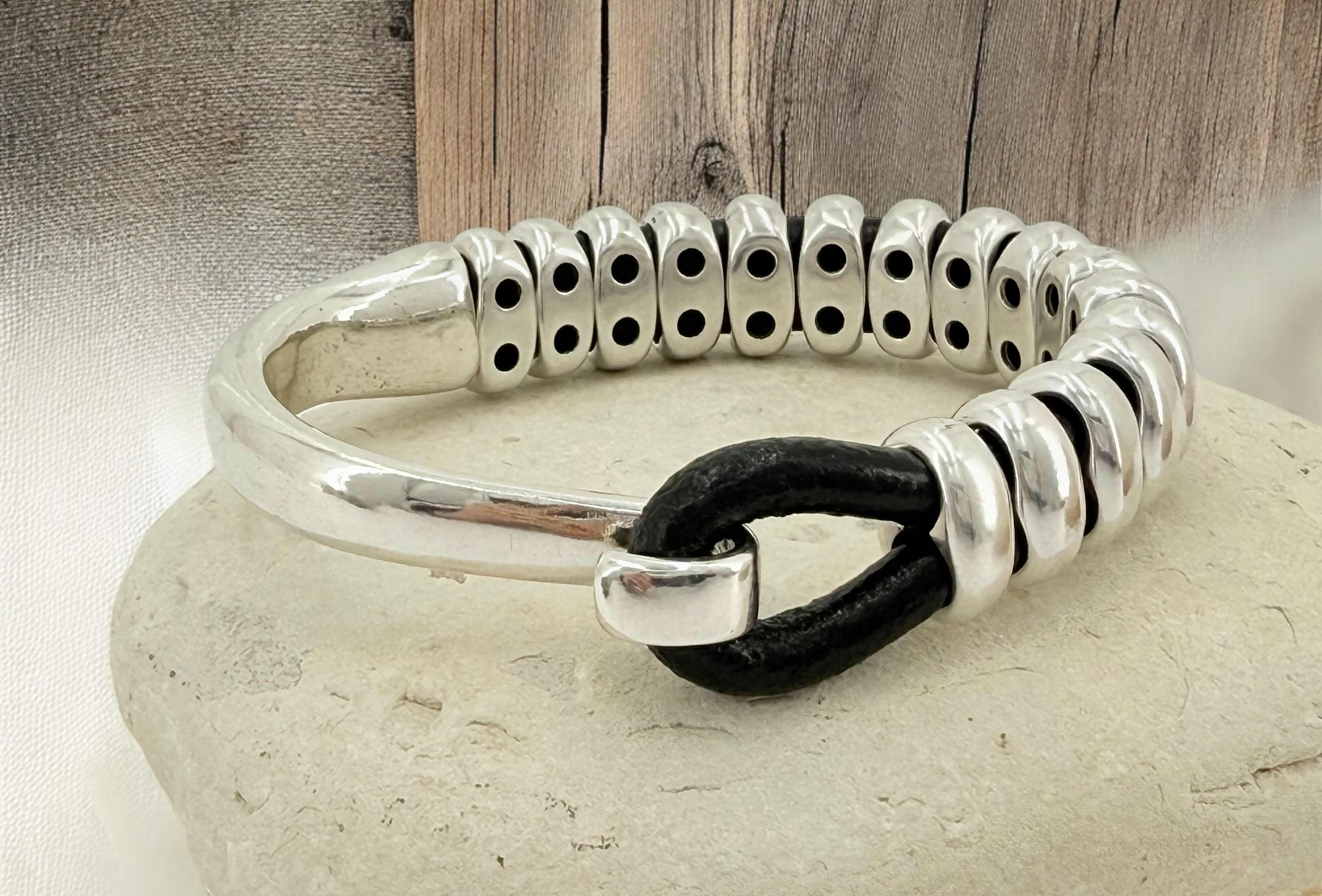 Pulsera de cuero para hombre, pulsera de media caña de plata, pulsera de cuentas de plata, pulsera de surf, pulsera de rock, industrial