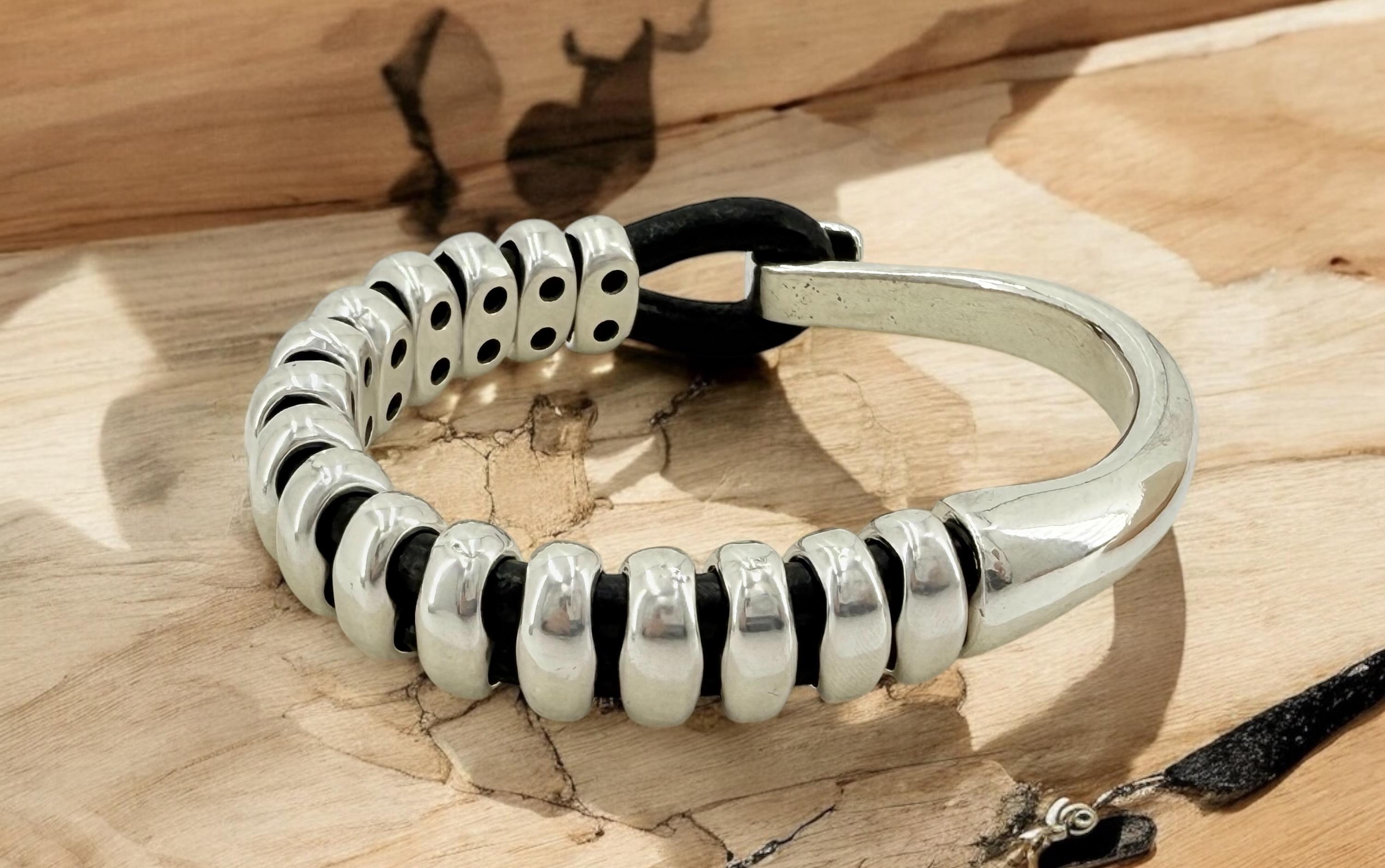 Pulsera de cuero para hombre, pulsera de media caña de plata, pulsera de cuentas de plata, pulsera de surf, pulsera de rock, industrial