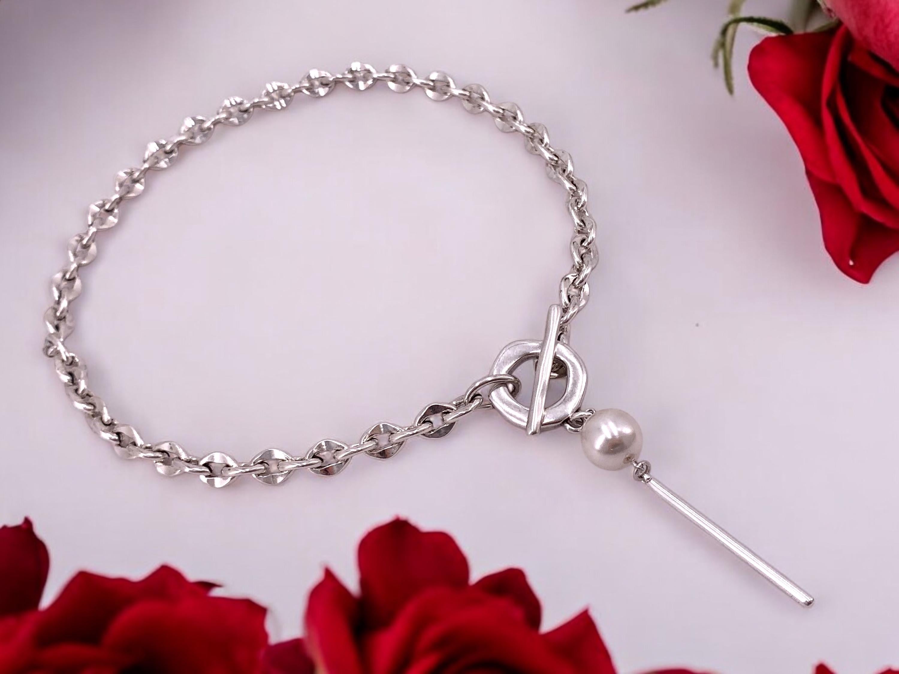 Chunky silver plated chain toggle lariat necklace with pendant pearl