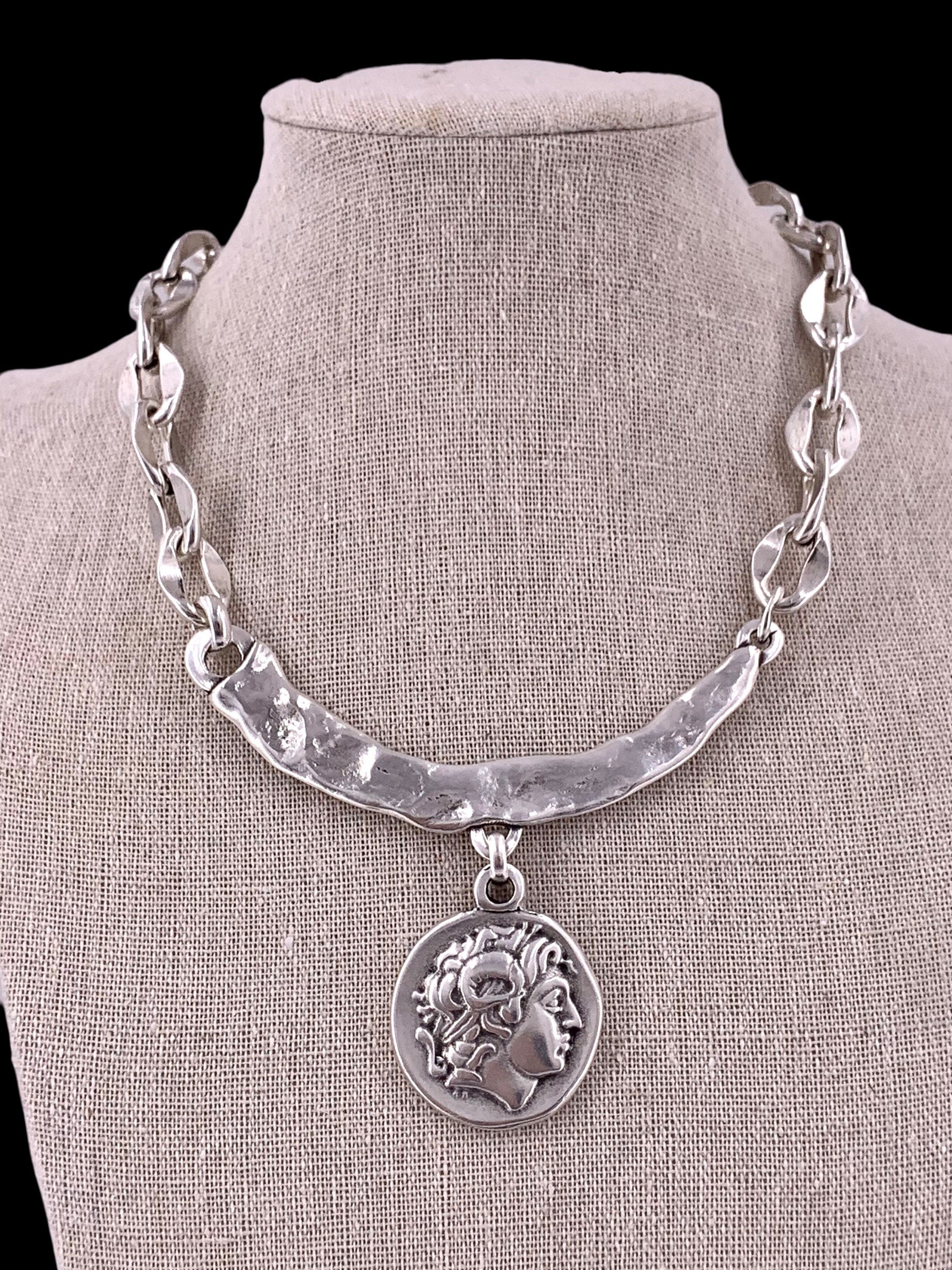 Big coin pendant chunky, silver heavy chain necklace, statement coin pendant chunky silver necklace, solid necklace, coin silver choker