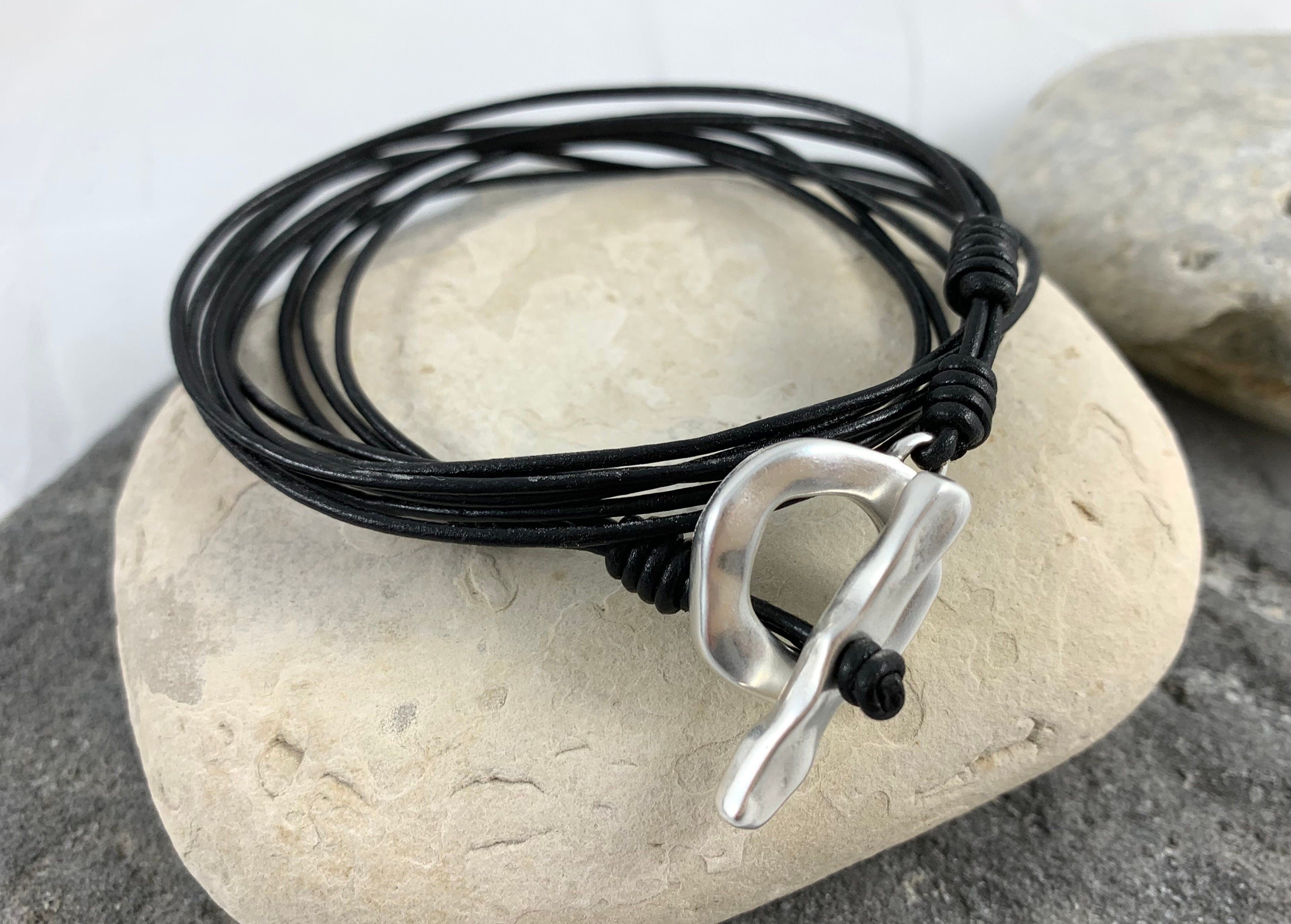 Unisex wrap leather bracelet with silver toggle clasp ideal for men and women gift, multi-layer bohemian tribal style leather bracelet,