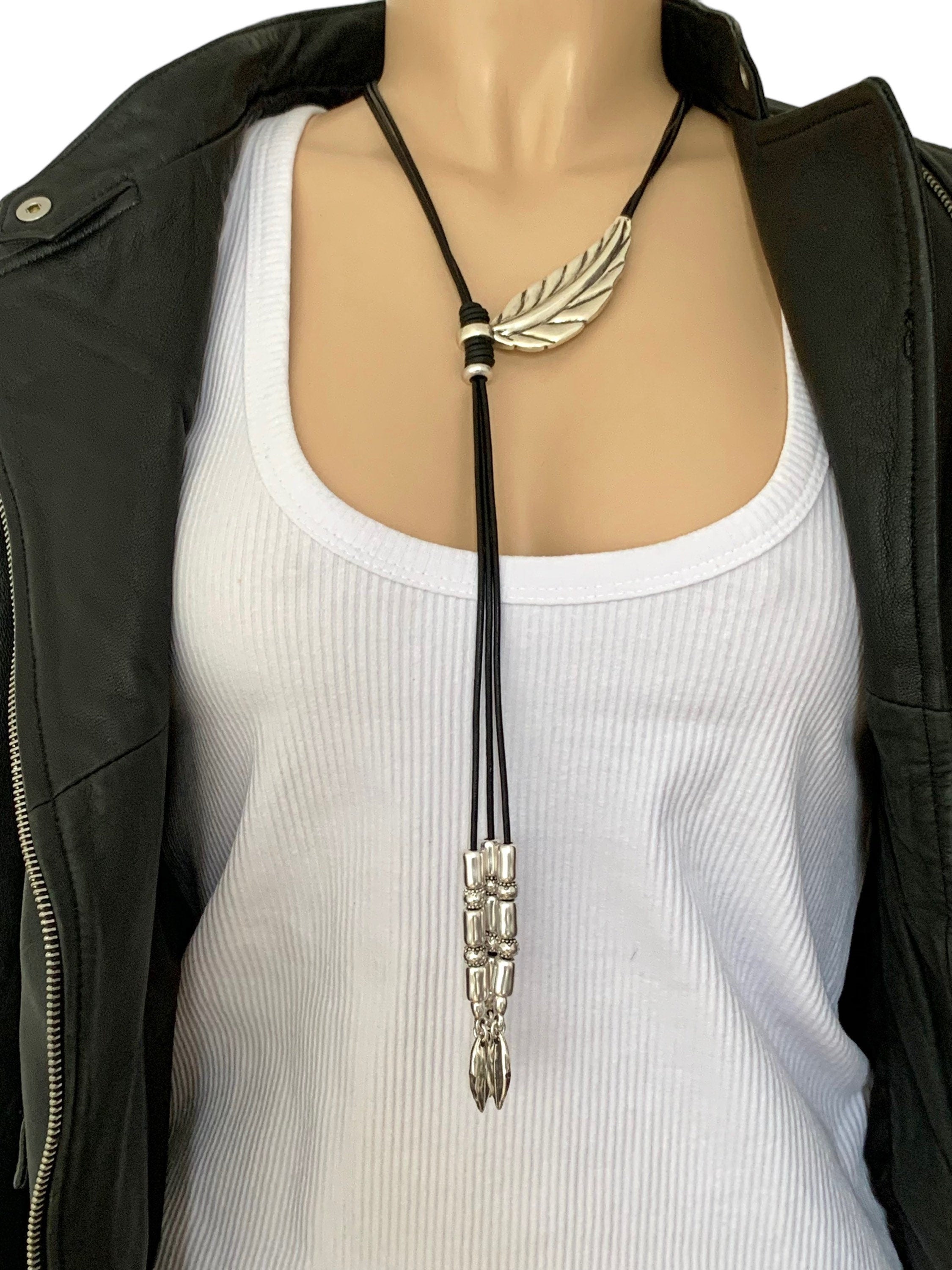 Boho Leather long Y Necklace, Tie Necklace with Silver Feather conector and beads Pendants , Tribal Statement Jewelry.