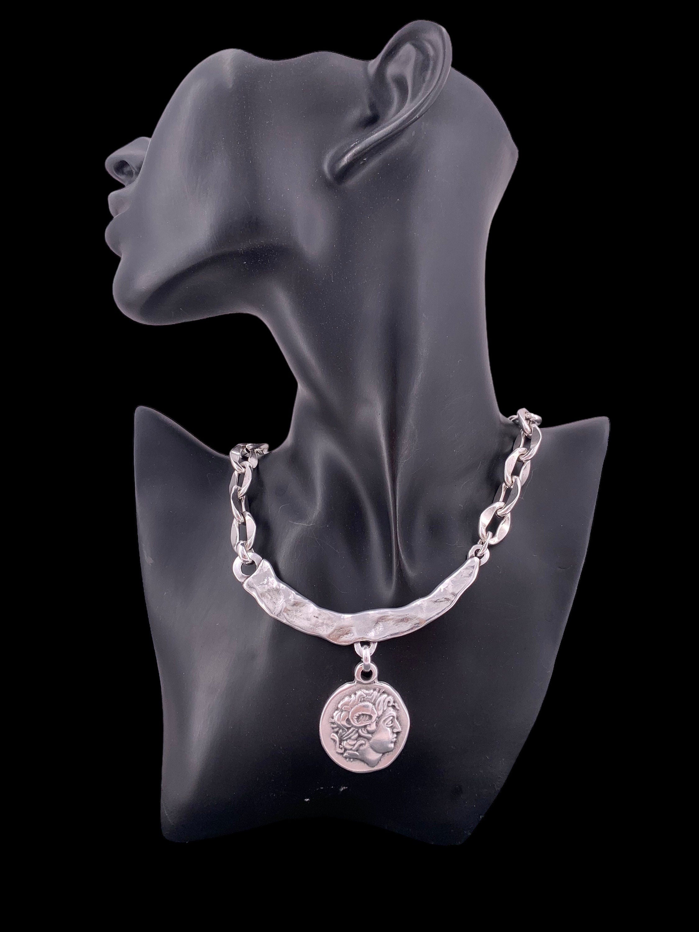 Big coin pendant chunky, silver heavy chain necklace, statement coin pendant chunky silver necklace, solid necklace, coin silver choker