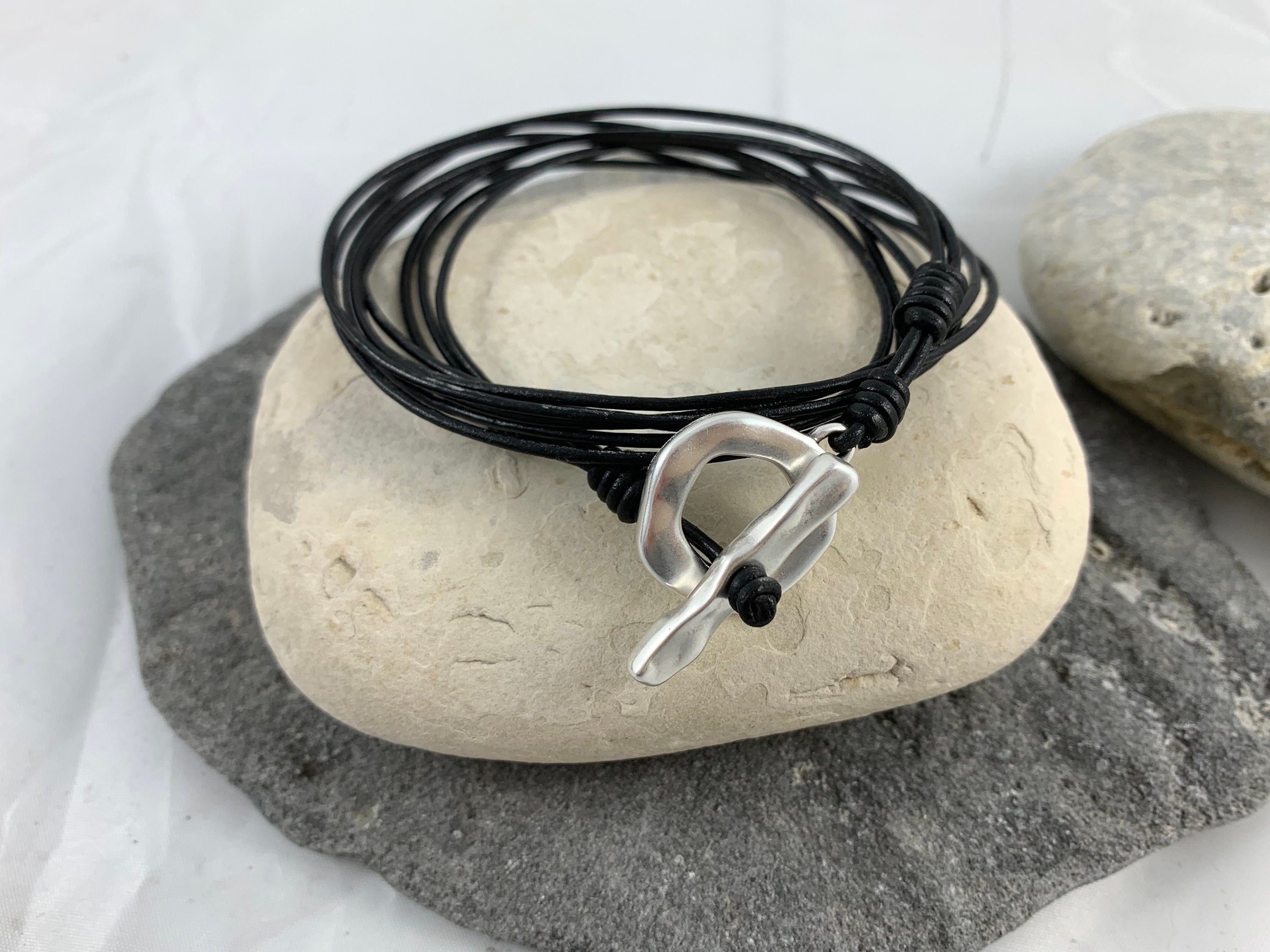 Unisex wrap leather bracelet with silver toggle clasp ideal for men and women gift, multi-layer bohemian tribal style leather bracelet,