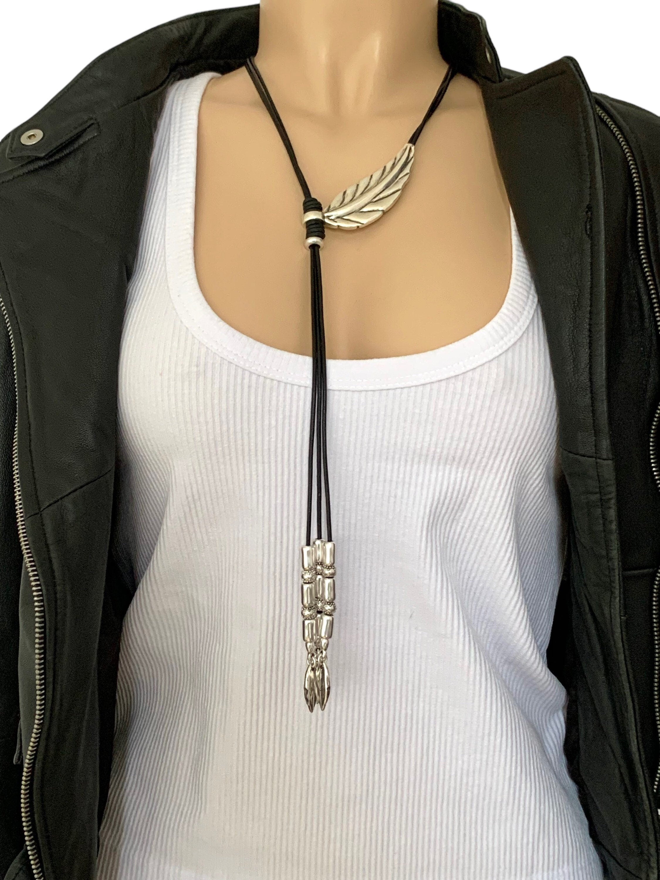 Boho Leather long Y Necklace, Tie Necklace with Silver Feather conector and beads Pendants , Tribal Statement Jewelry.
