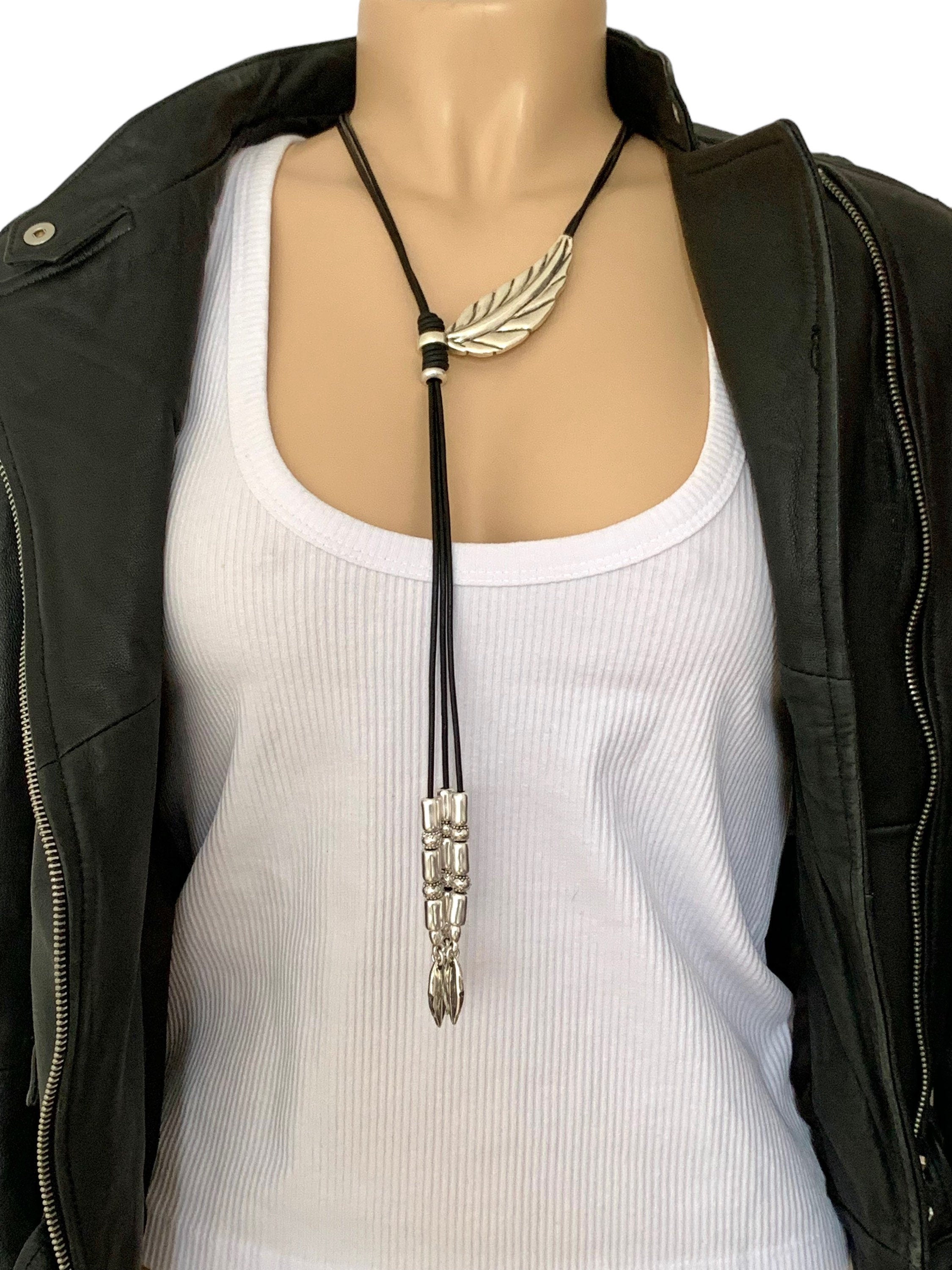 Boho Leather long Y Necklace, Tie Necklace with Silver Feather conector and beads Pendants , Tribal Statement Jewelry.