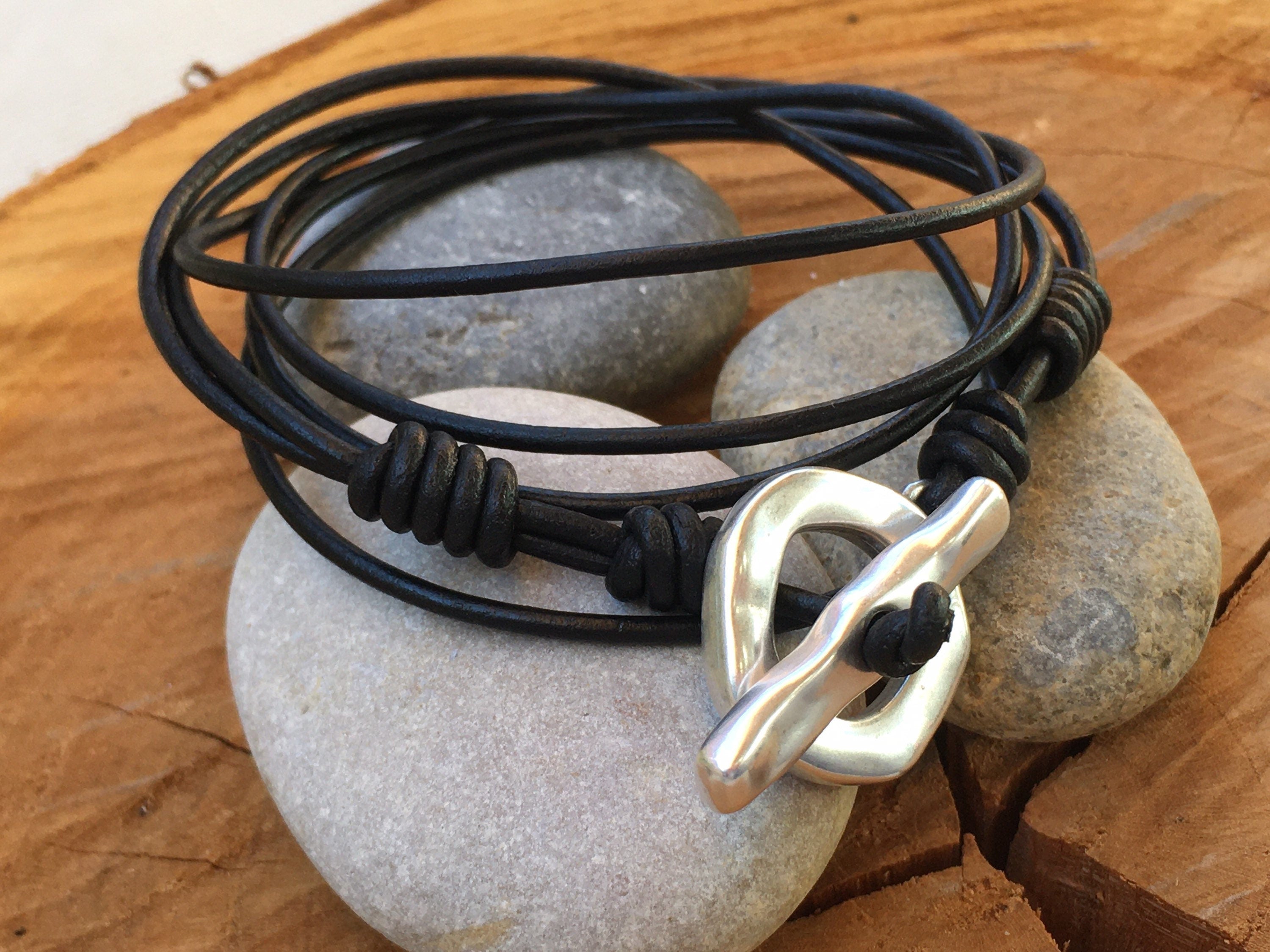 Unisex wrap leather bracelet with silver toggle clasp ideal for men and women gift, multi-layer bohemian tribal style leather bracelet,