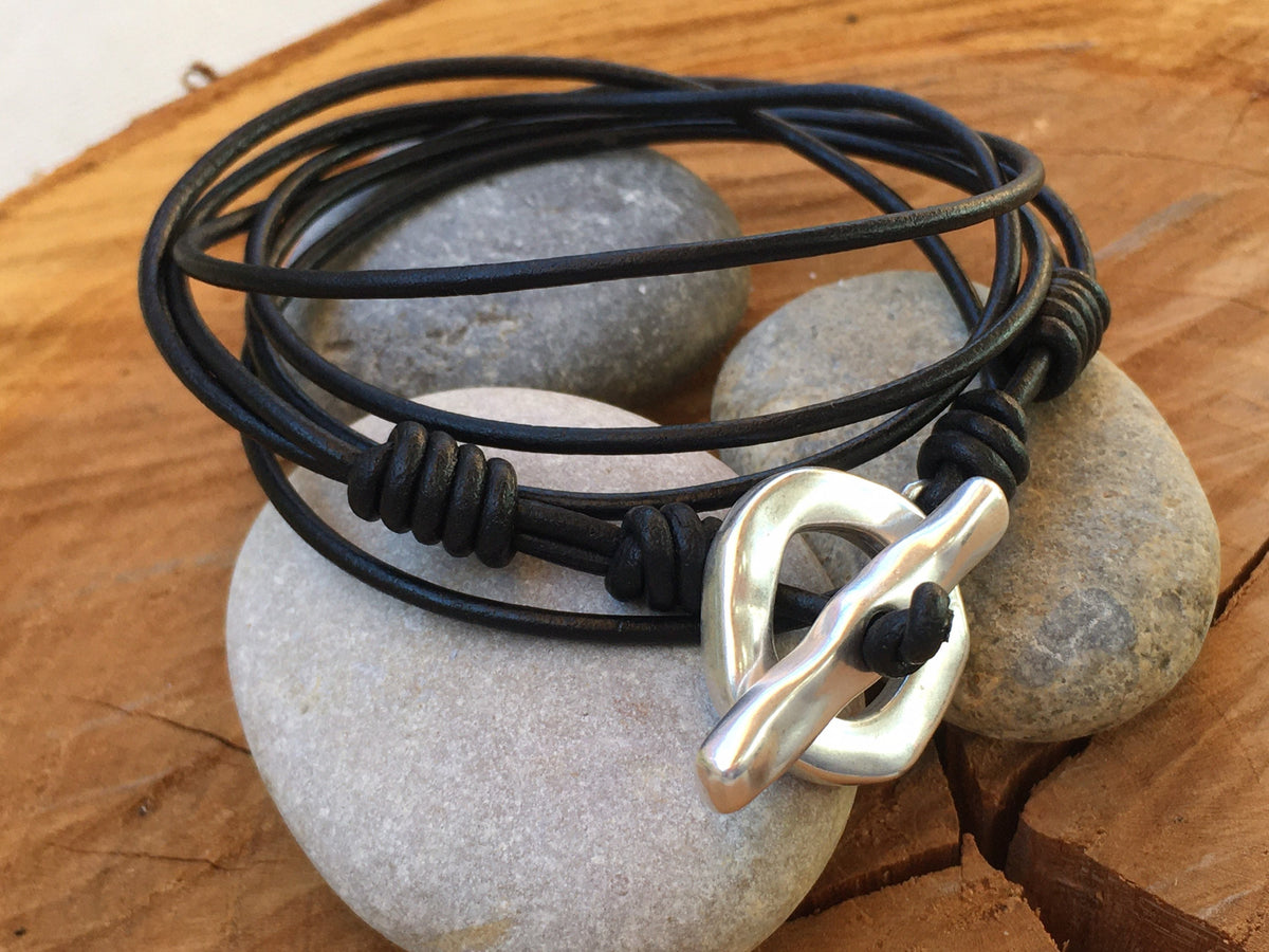 Unisex wrap leather bracelet with silver toggle clasp ideal for men and women gift, multi-layer bohemian tribal style leather bracelet,