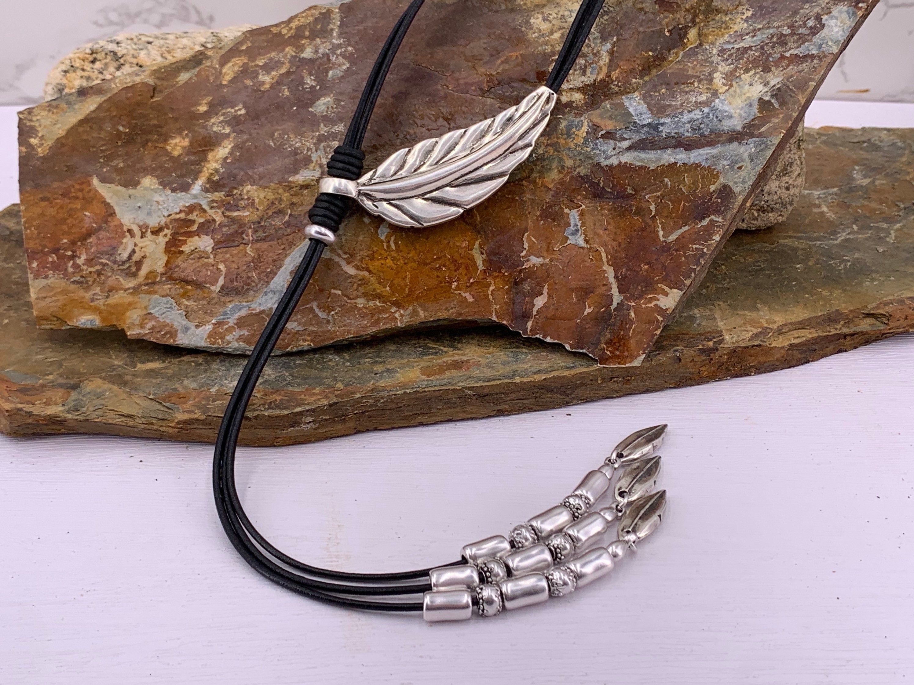 Boho Leather long Y Necklace, Tie Necklace with Silver Feather conector and beads Pendants , Tribal Statement Jewelry.