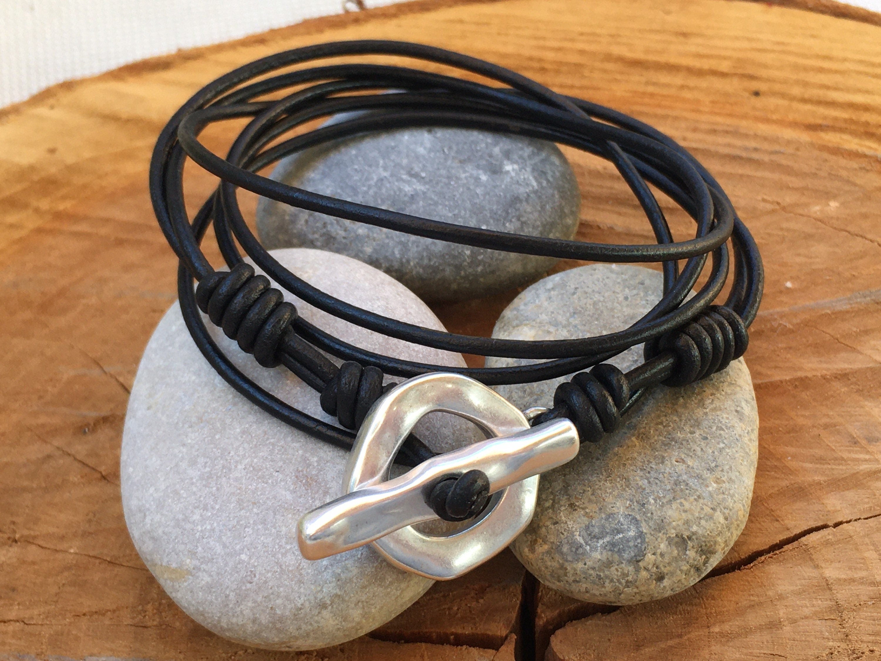 Unisex wrap leather bracelet with silver toggle clasp ideal for men and women gift, multi-layer bohemian tribal style leather bracelet,