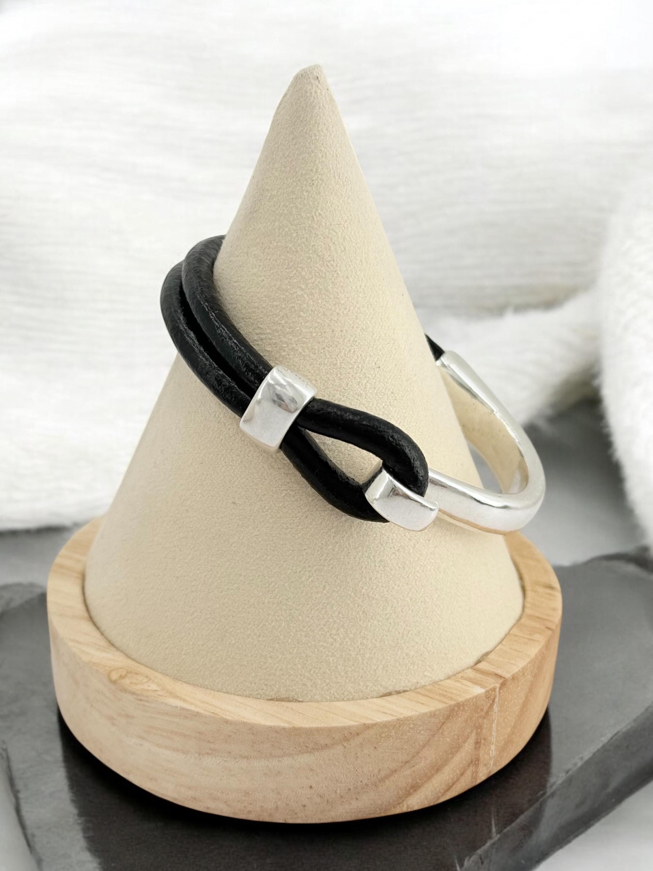 Masculine silver and leather half cuff bracelet, leather men bracelet, rock style men bracelet, leather bracelet for him, men gift, manly