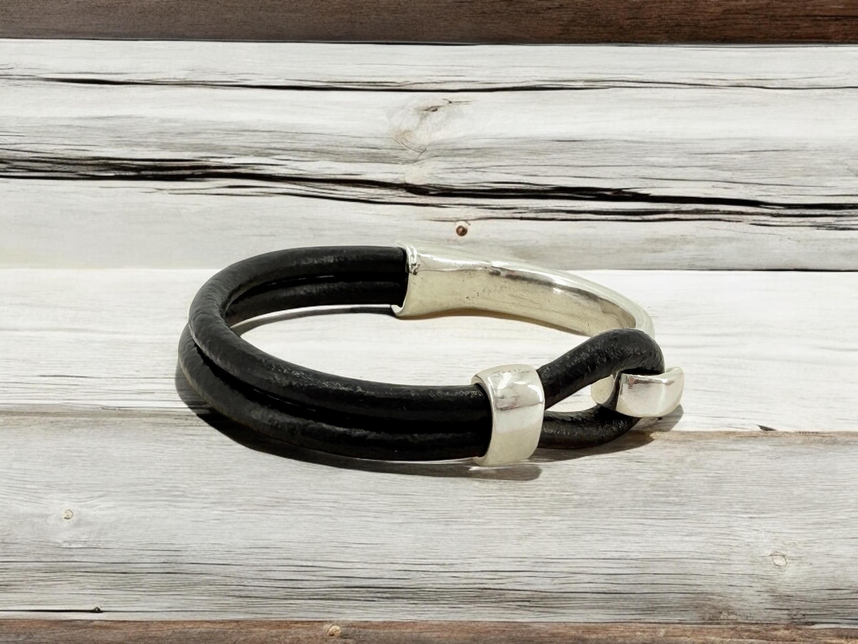 Masculine silver and leather half cuff bracelet, leather men bracelet, rock style men bracelet, leather bracelet for him, men gift, manly