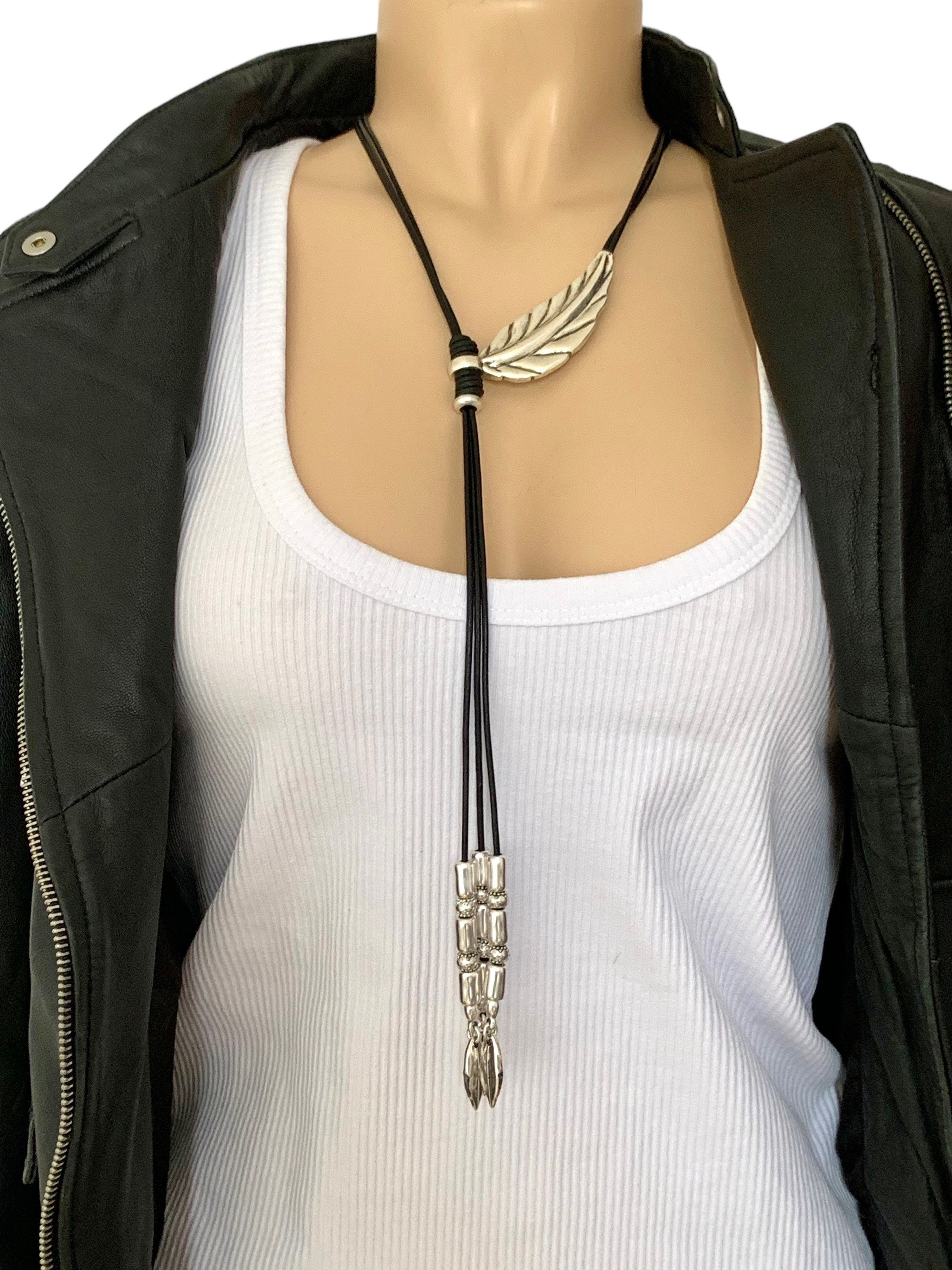 Boho Leather long Y Necklace, Tie Necklace with Silver Feather conector and beads Pendants , Tribal Statement Jewelry.