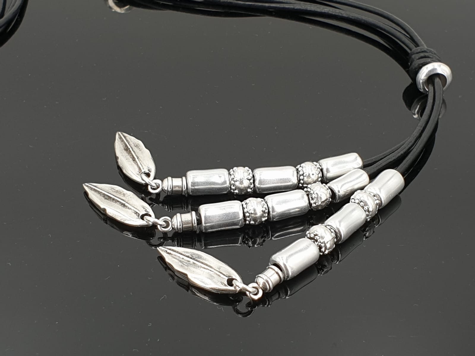 Boho Leather long Y Necklace, Tie Necklace with Silver Feather conector and beads Pendants , Tribal Statement Jewelry.
