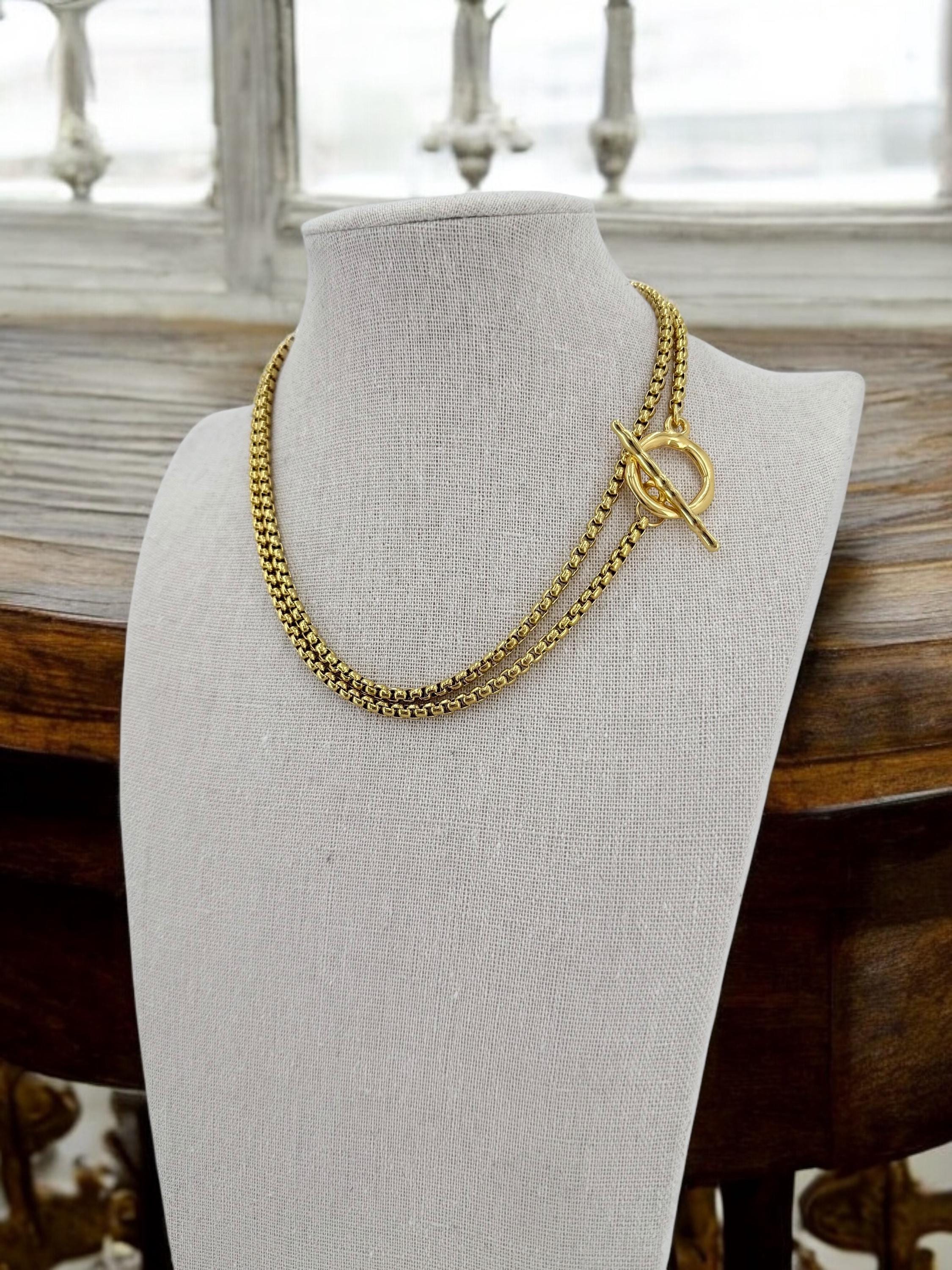 Layering gold chain necklace with toggle clasp, long gold chunky chain necklace, chunky necklace, adjustable double strand necklace, gift