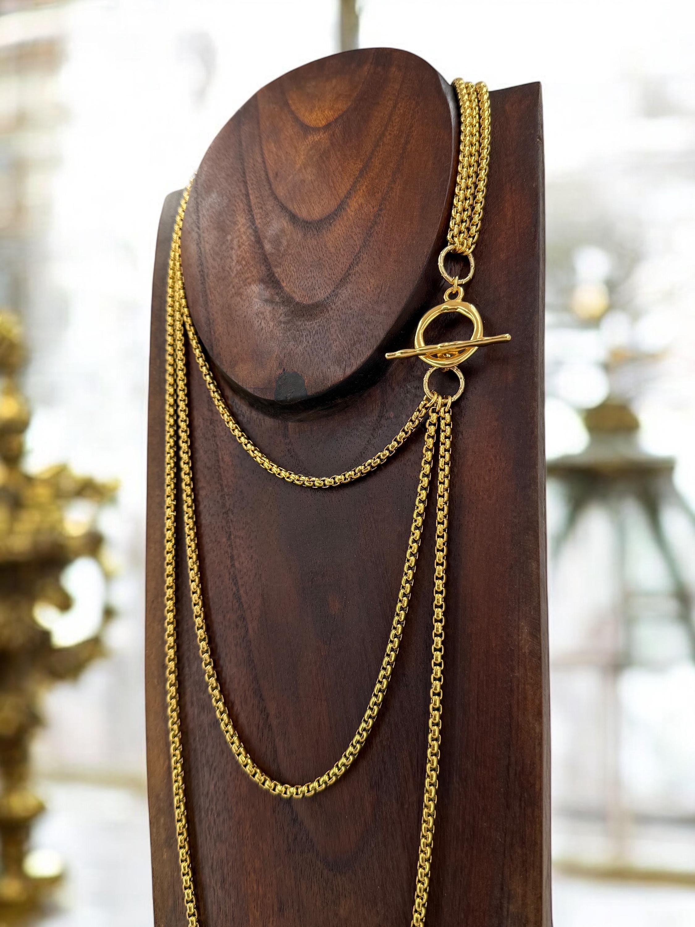 Chunky Multi-Strand Gold Chain Necklace – Layered Statement Jewelry with Toggle Clasp – Handmade Wrap Long layering Style choker - gift