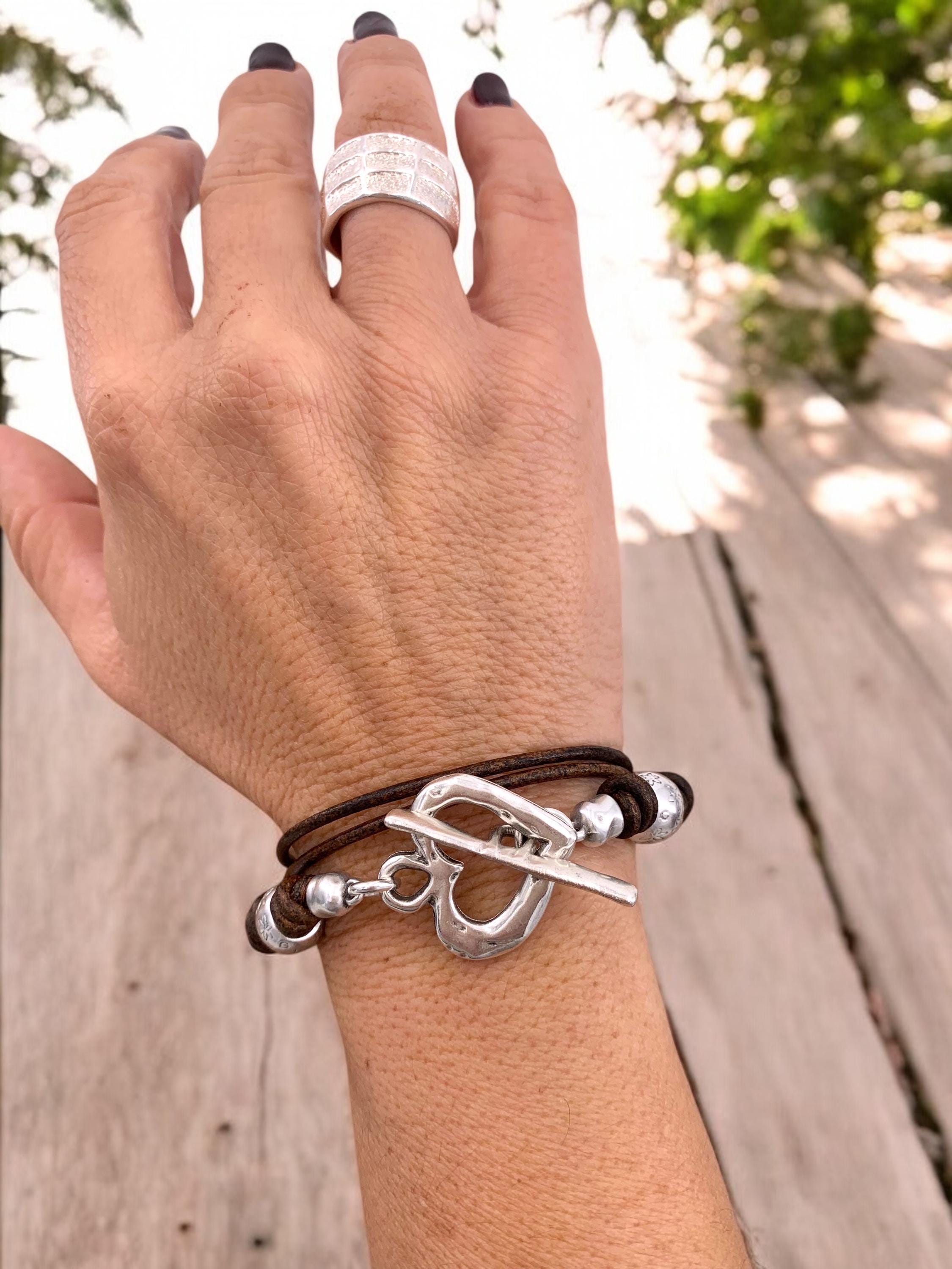 Leather multi strand bracelet with silver heart toggle clasp, bohemian bracelet, silver heart bracelet, hippie wrap leather bracelet, gift