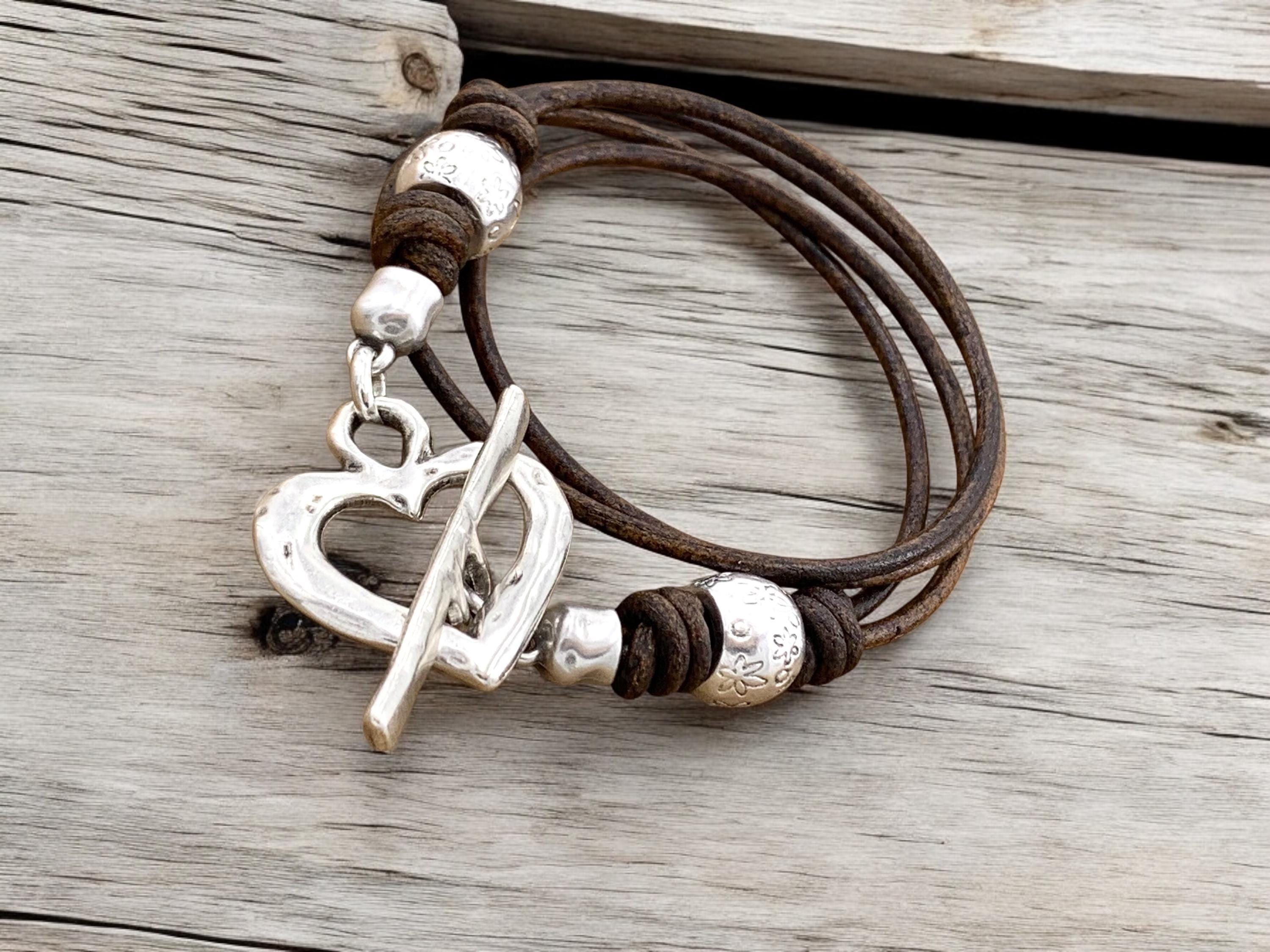 Leather multi strand bracelet with silver heart toggle clasp, bohemian bracelet, silver heart bracelet, hippie wrap leather bracelet, gift