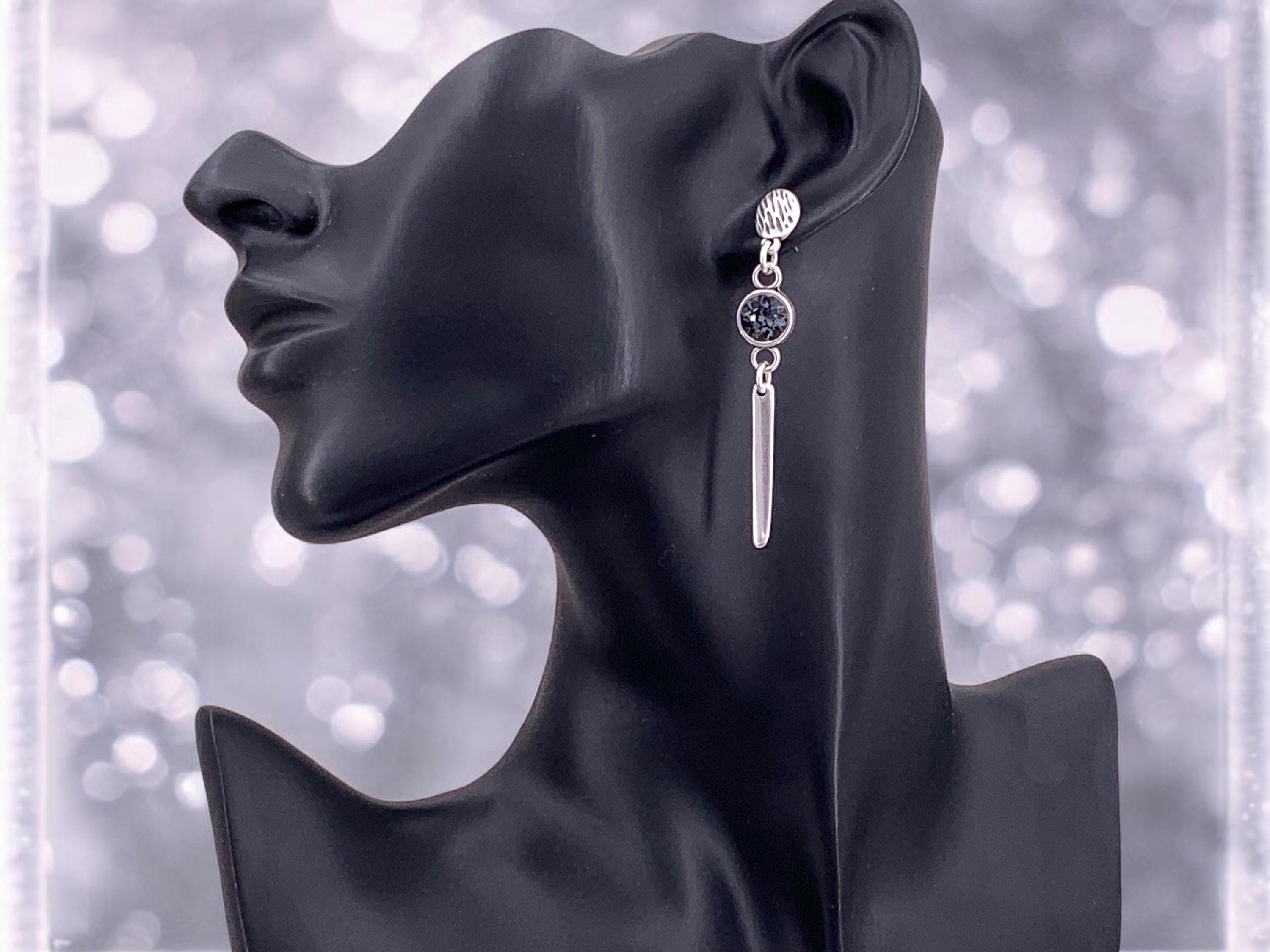 Long Silver Dangle Bold Earrings – Swarovski Crystal Accent – Sculptural Movement – Kukuri Jewelry