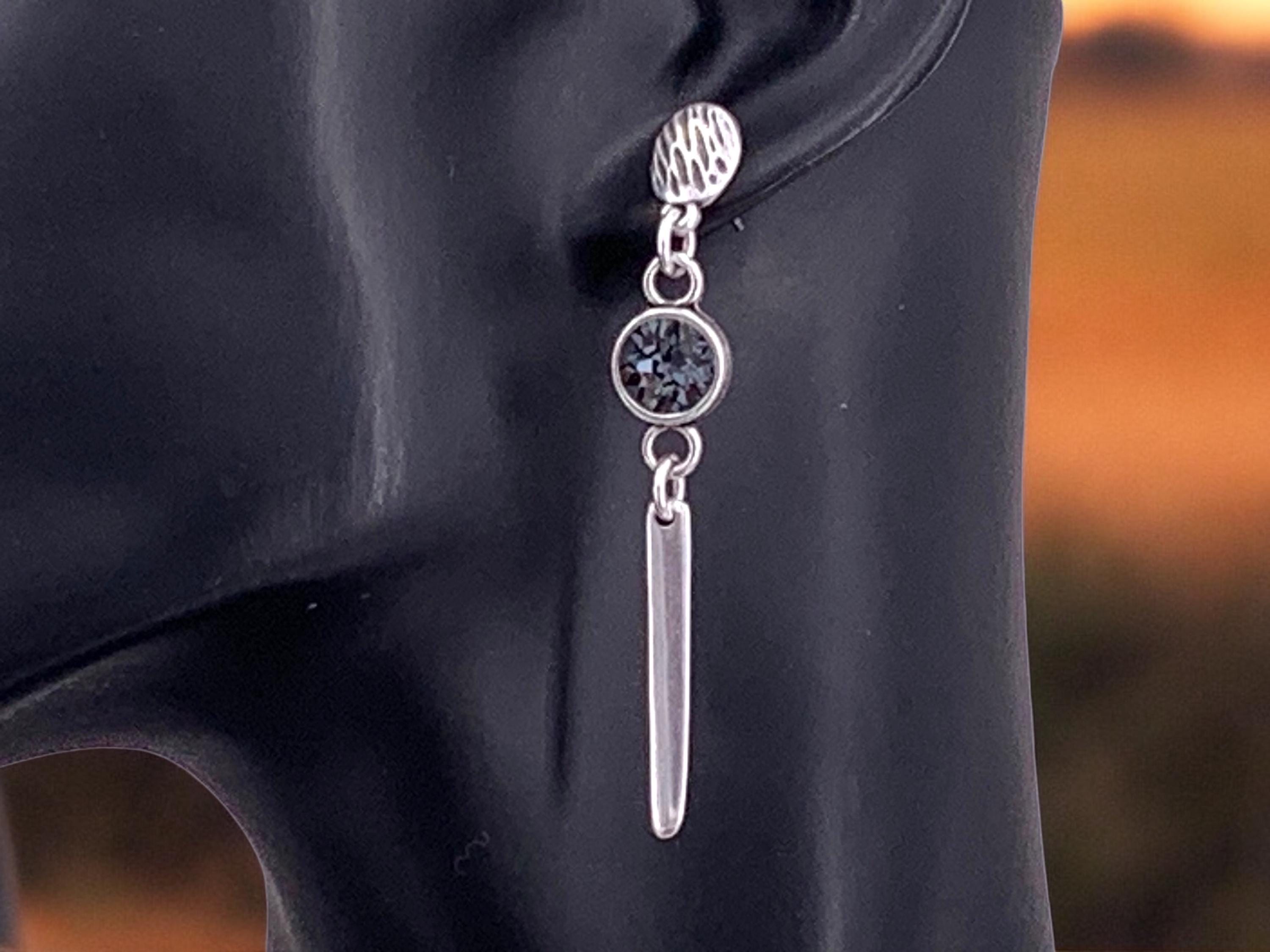 Long Silver Dangle Bold Earrings – Swarovski Crystal Accent – Sculptural Movement – Kukuri Jewelry