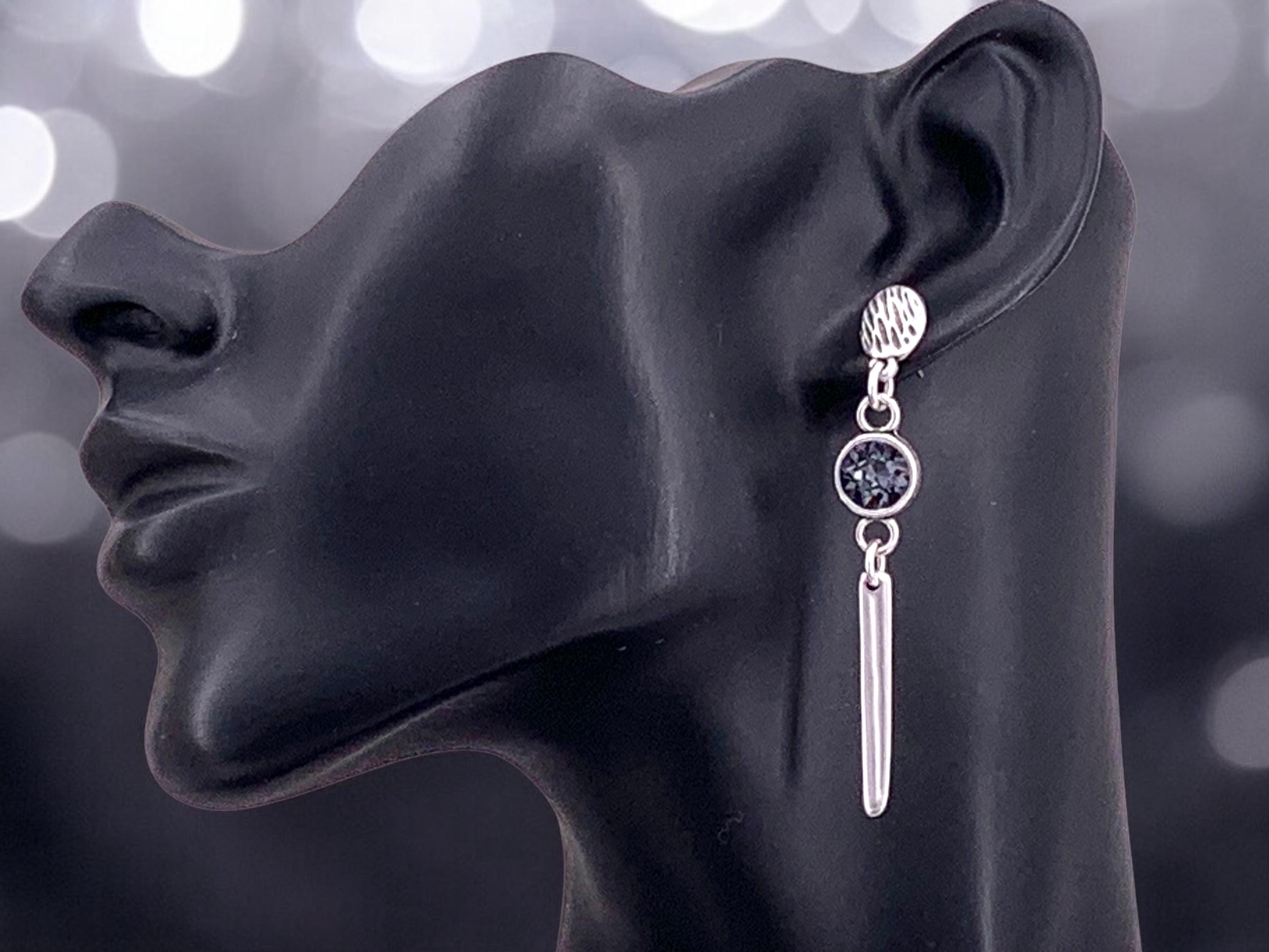Long Silver Dangle Bold Earrings – Swarovski Crystal Accent – Sculptural Movement – Kukuri Jewelry